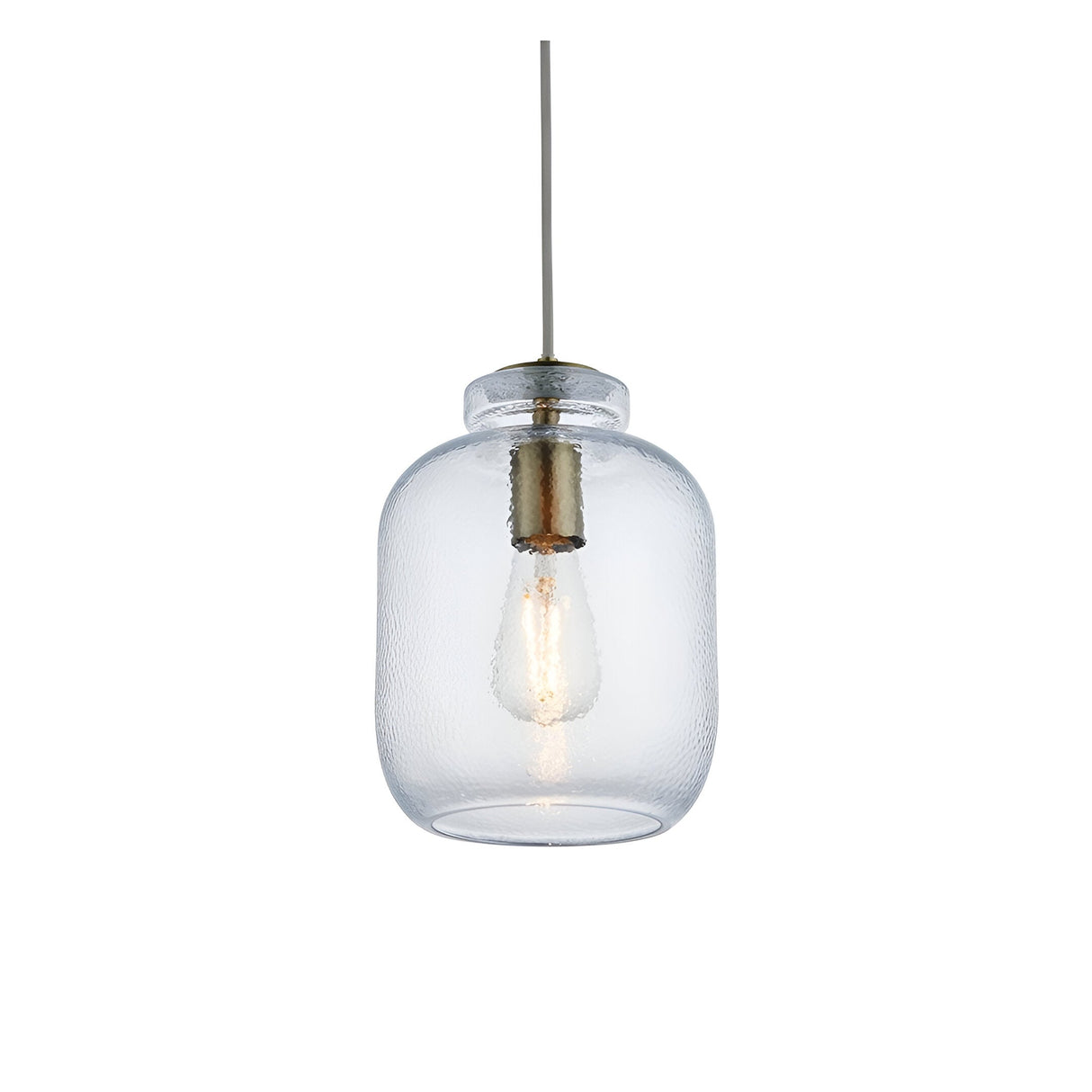 Caldwood single-light pendant with textured clear glass shade and antique brass fitting, E27 lamp holder, shown on a plain white background.