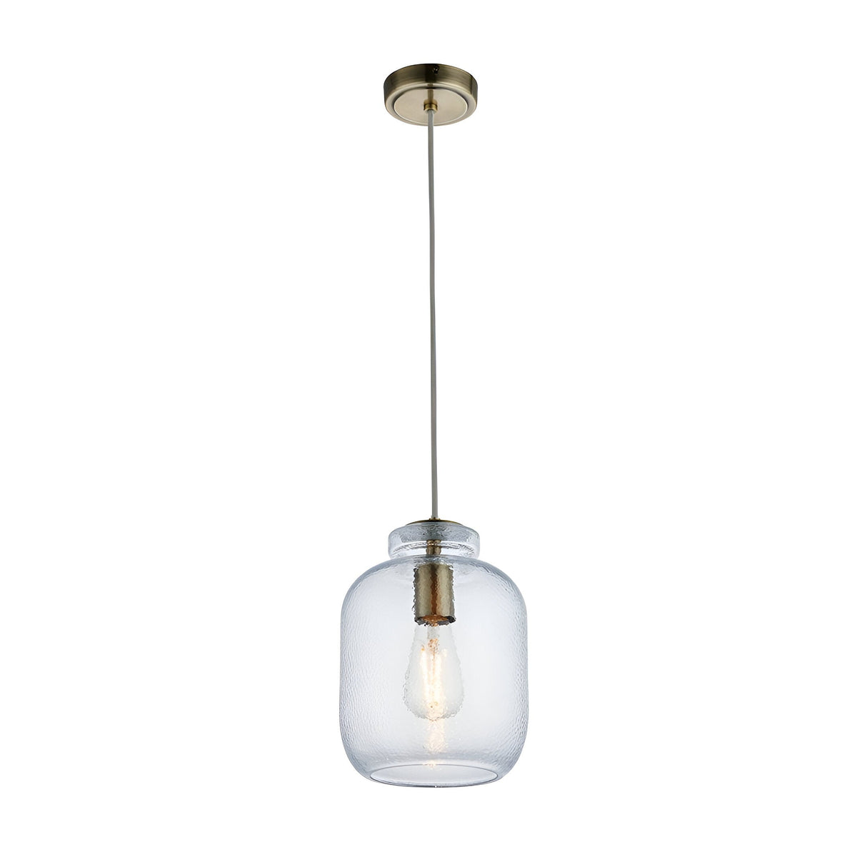 Caldwood Pendant light with a jar-shaped textured clear glass shade, antique brass fittings and ceiling rose, E27 bulb visible, on a plain white background.