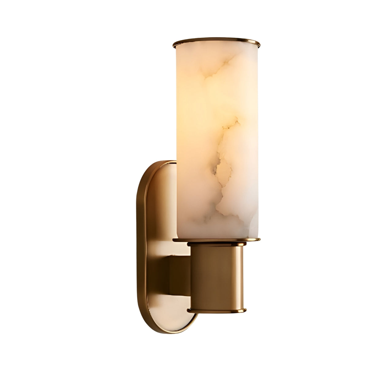 The Lumara 1 Light Tube Alabaster Wall Light features a cylindrical alabaster shade with subtle marbling and a sleek brushed brass base, offering softly illuminated, warm light in soft white.