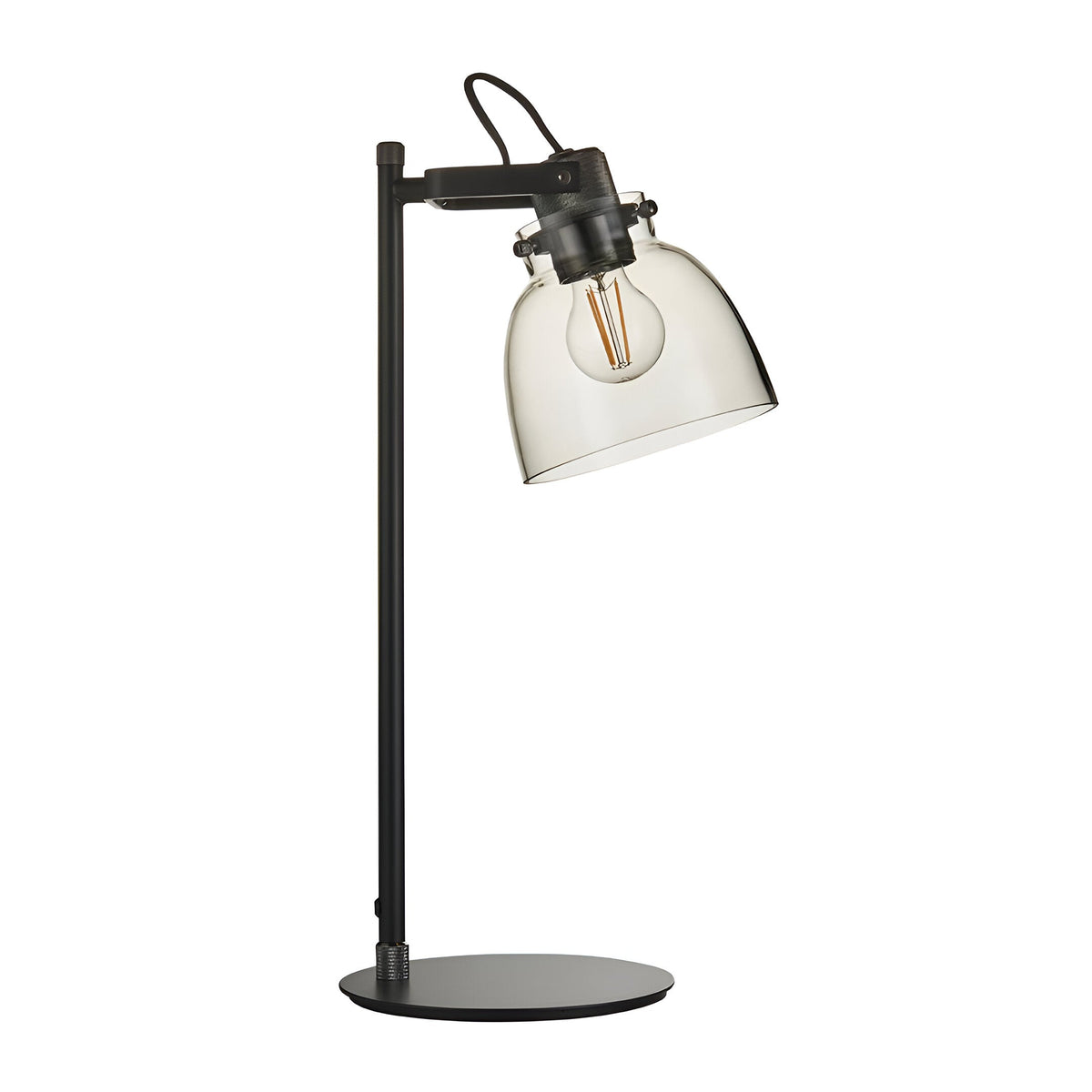 Endon Camden industrial task table lamp in matt black with adjustable head, smoked grey tinted glass shade, E27 filament bulb and weighted round base.