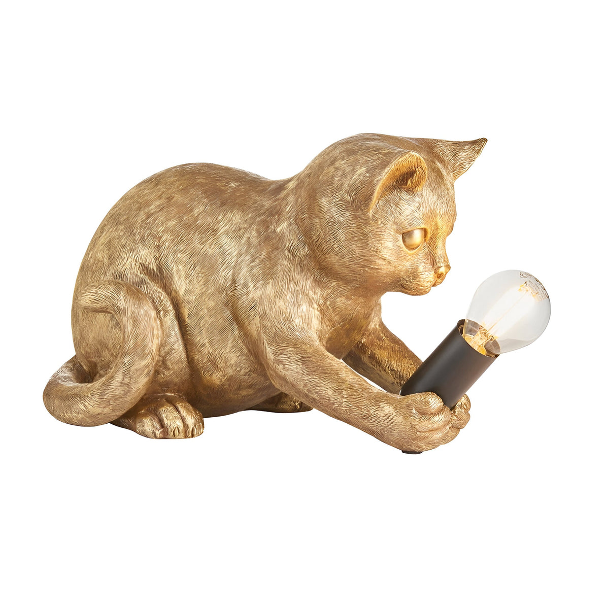 Endon Brockwick table lamp shaped as a gold resin kitten holding a matt black E14 bulb holder with filament bulb, shown on a white background.