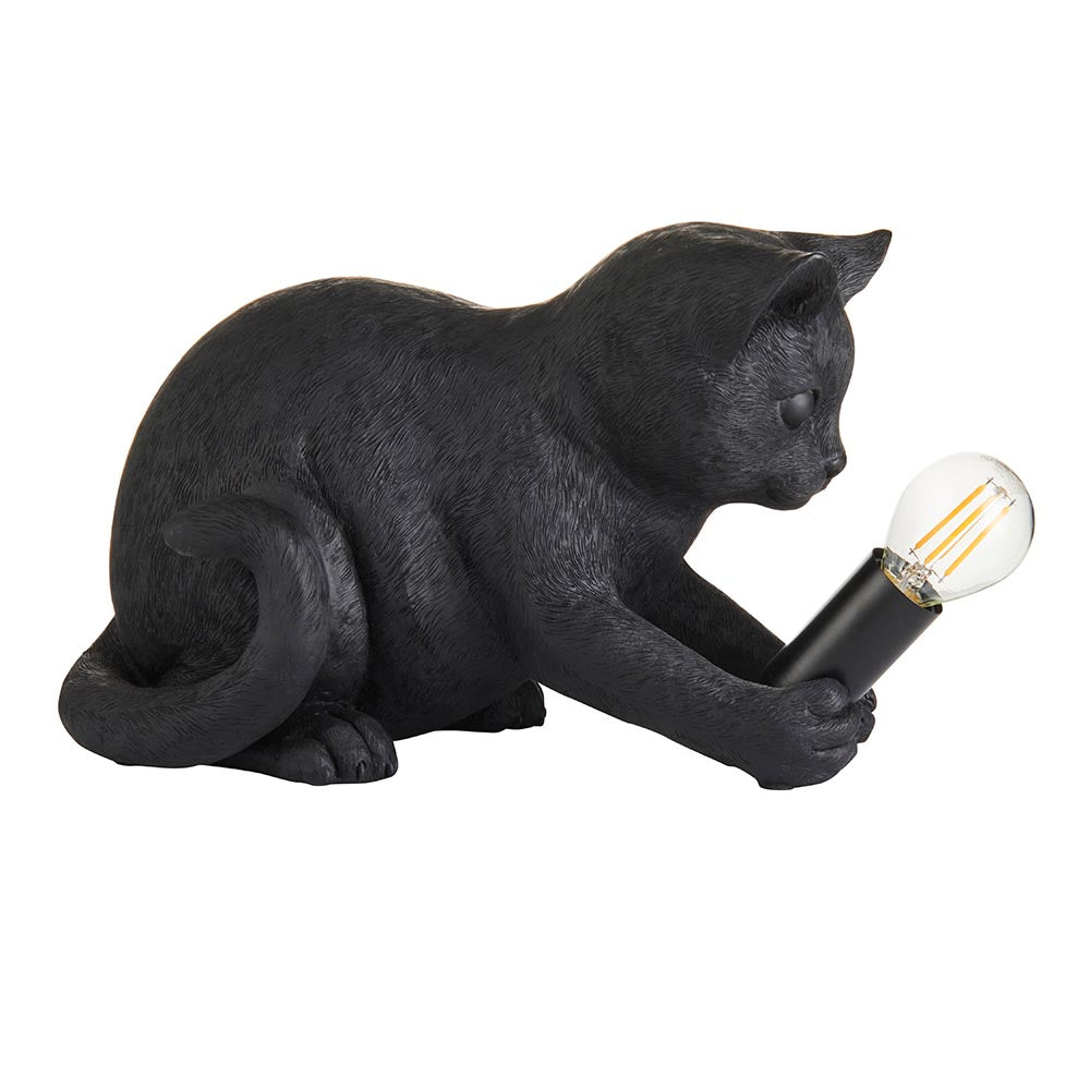 Endon Brockwick matt black resin kitten table lamp holding an E14 filament bulb in its paws, shown on a plain white background.