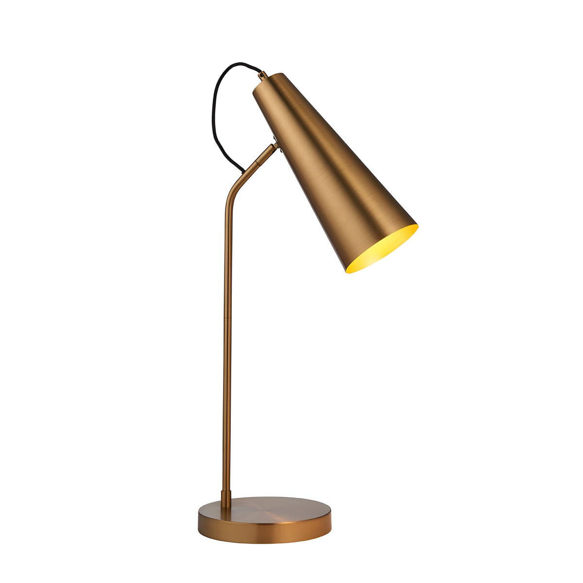 Endon Brockleigh industrial task table lamp in antique brass, with an adjustable conical shade, slim stem, round base and black fabric flex, on white.