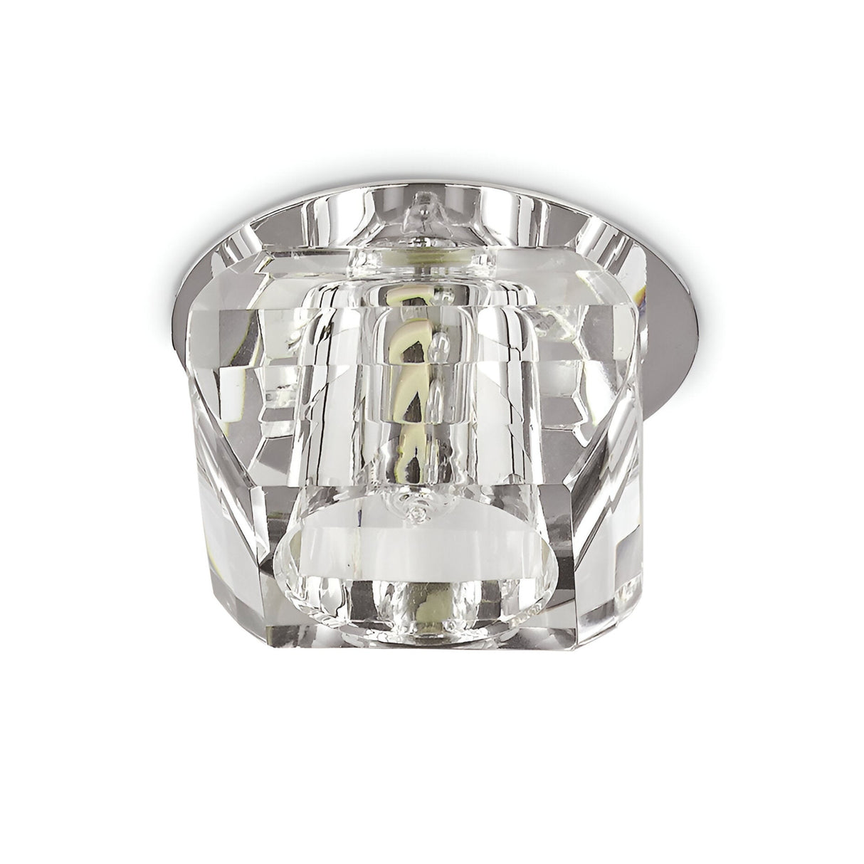 Close-up of the Look-1 Crystal Flush Light - Clear, showcasing its modern geometric design with a visible light bulb at its center. This luxury lighting fixture is mounted on a metallic base, bringing an elegant touch to any space.