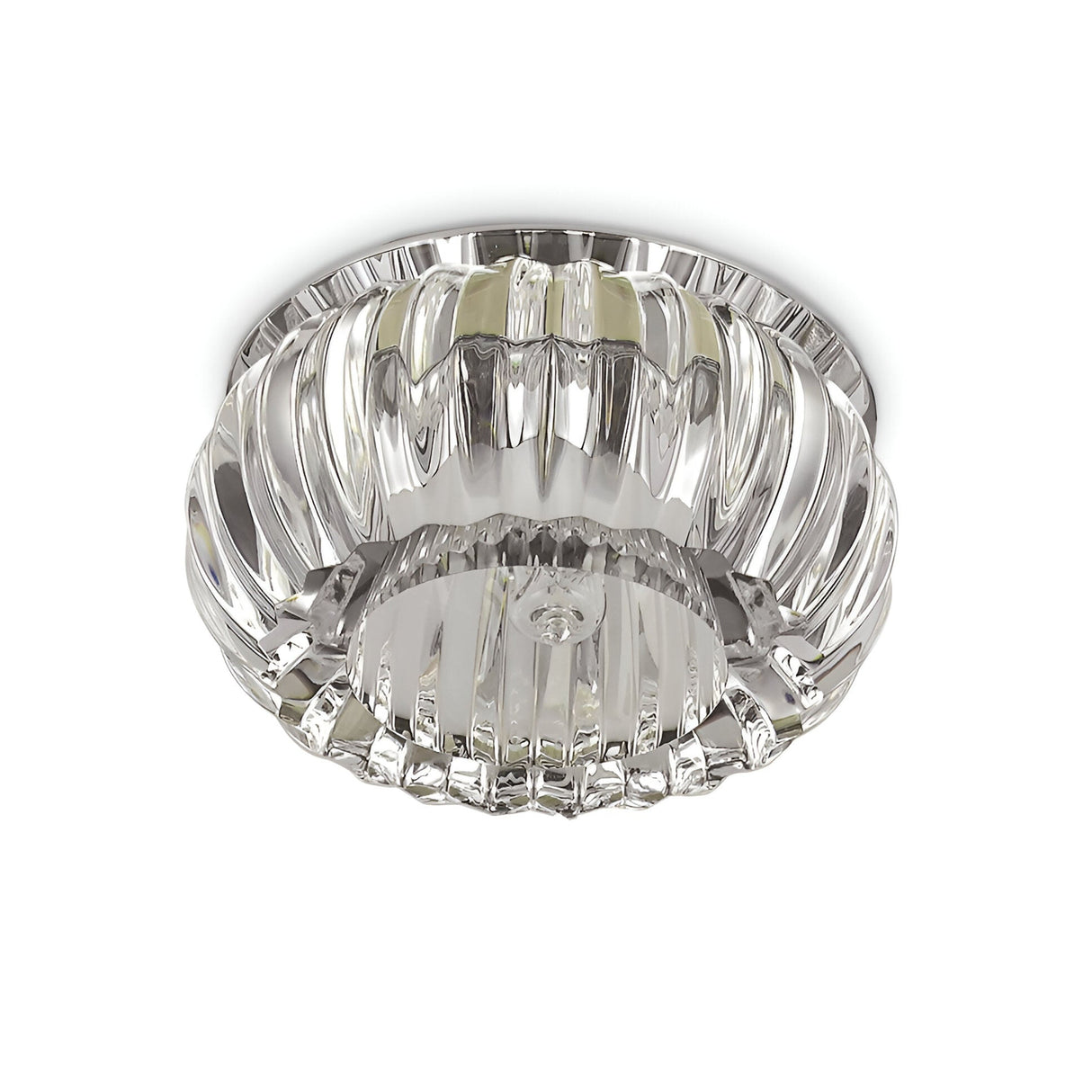 The Look-2 Crystal Flush Light - Clear is a circular ceiling fixture featuring a clear, ribbed glass design that exudes opulence. Its spiral pattern casts intricate shadows, enhancing sophistication and making it an ideal choice for contemporary home decor.