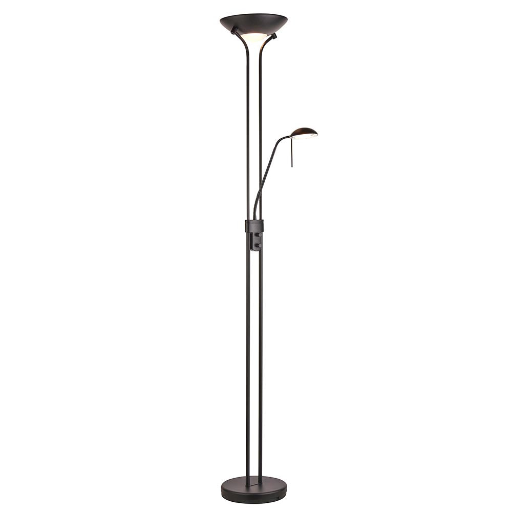Endon Cliffcombe mother and child floor lamp in matt black with an opal glass uplighter shade and adjustable reading arm, on a plain white background.