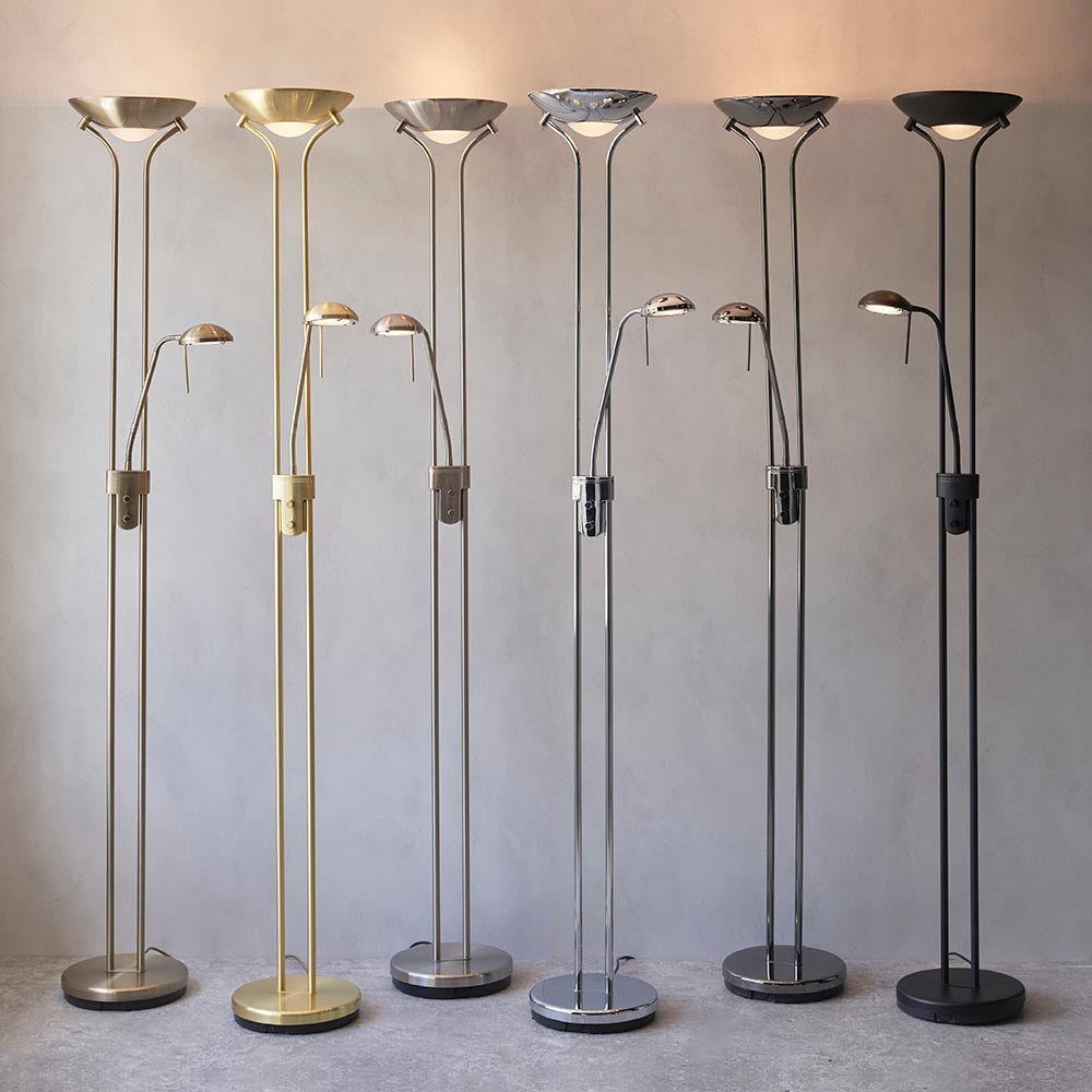 Endon Cliffcombe mother and child floor lamps in six finishes, with matt black on the right next to chrome, brass, and brushed metal options.