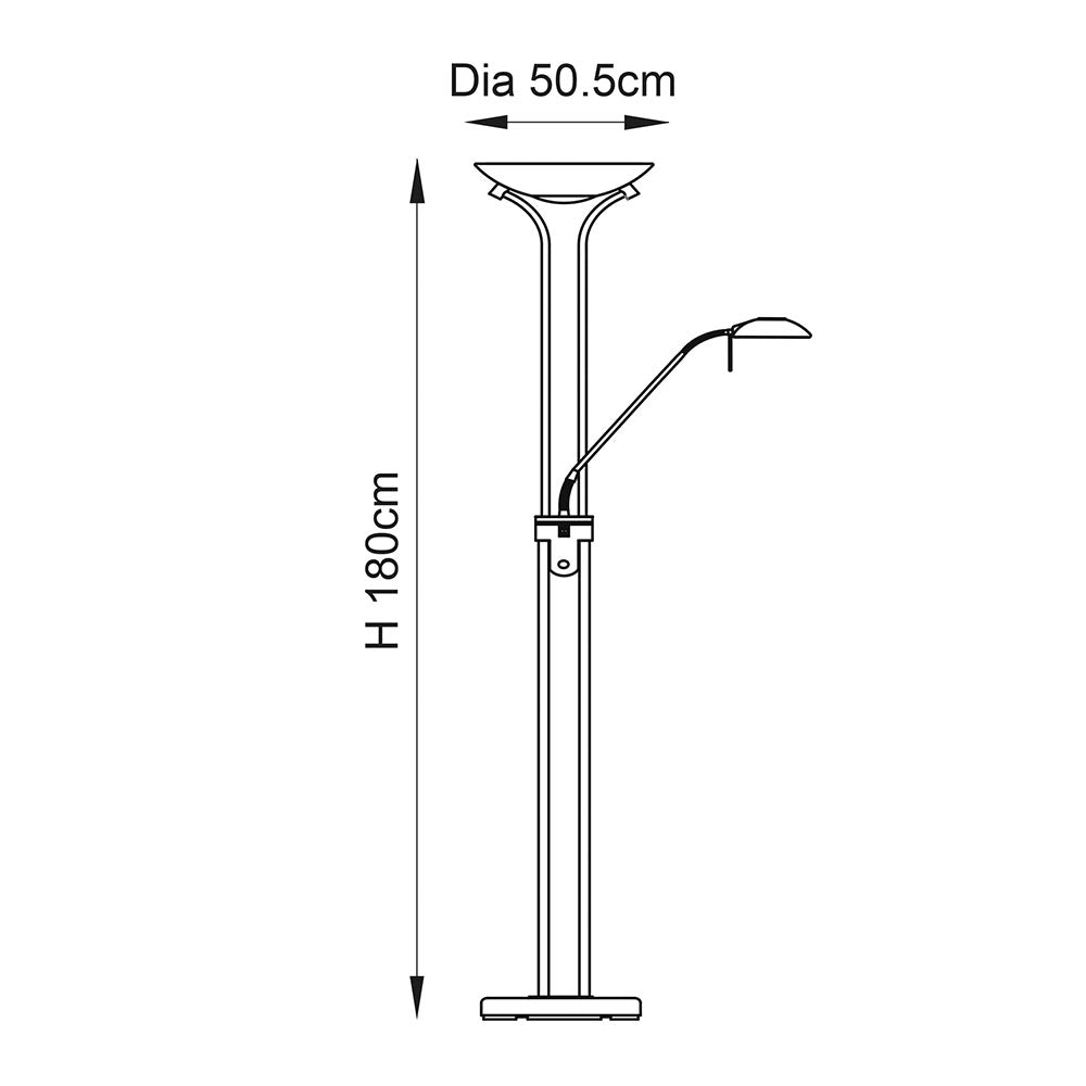 Technical line drawing of the Endon Cliffcombe mother and child floor lamp with dimensions marked H 180cm and Dia 50.5cm on a white background.