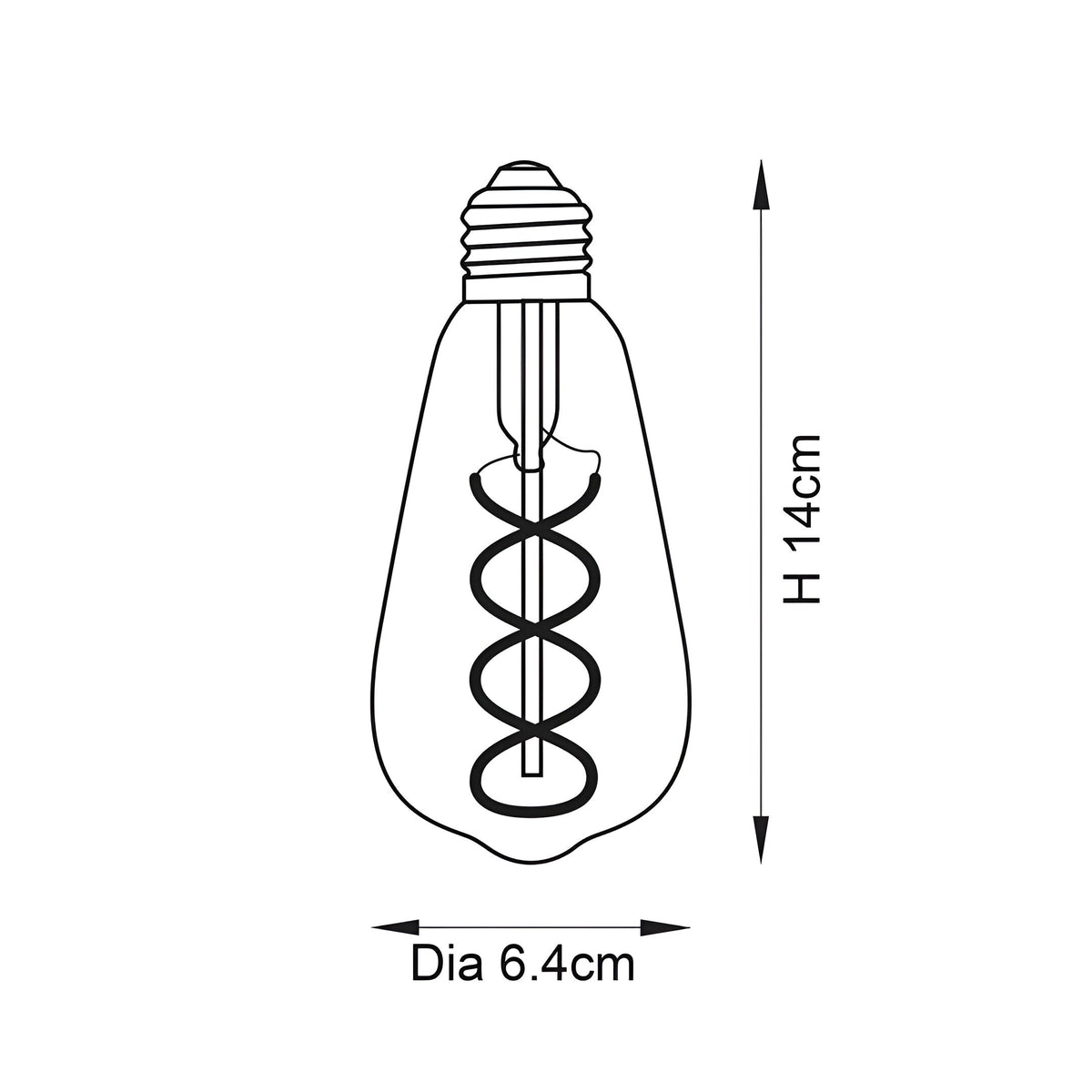 Dimensioned line drawing of the Endon 4W E27 LED filament twist bulb showing a teardrop shape, 14cm height and 6.4cm diameter.