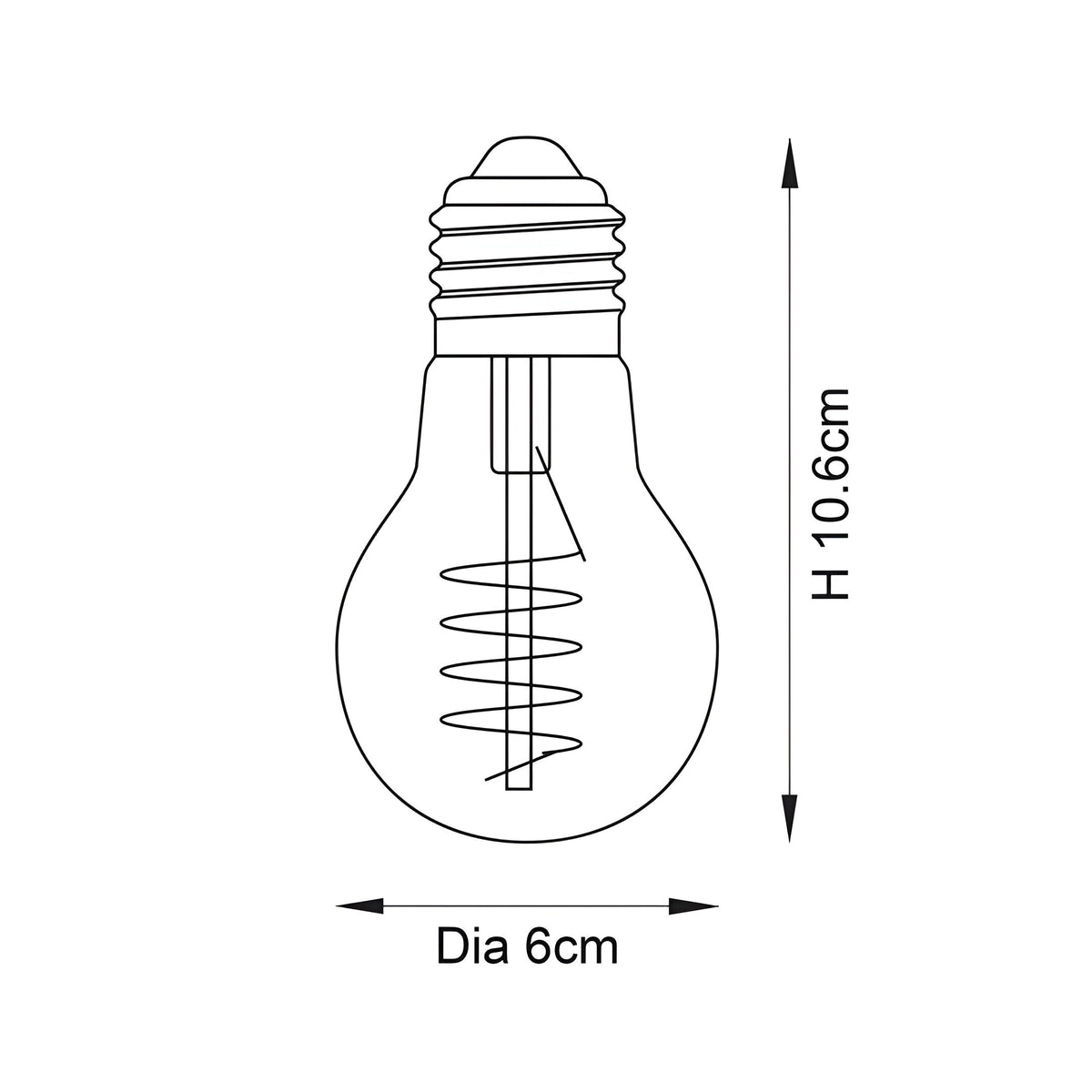 Line drawing of a 4W E27 LED filament GLS bulb with clear glass, spiral filament, and screw base, labelled Dia 6cm and H 10.6cm on a white background.