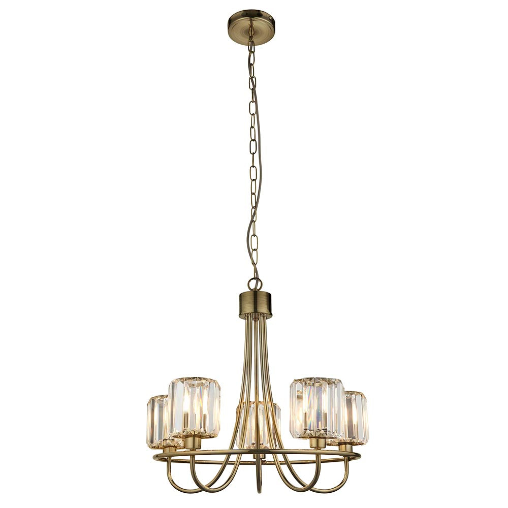 Endon Clementine 5 light pendant in brass with curved arms and clear cut faceted glass shades, suspended from a chain on a white background.