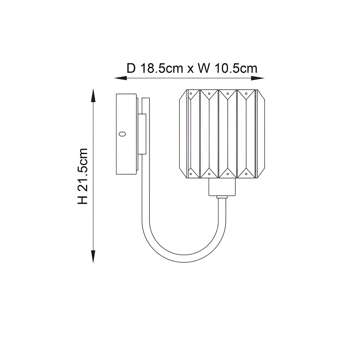 Dimension diagram of the Endon Clementine brass wall light showing height 21.5cm, depth 18.5cm and width 10.5cm on a white background.