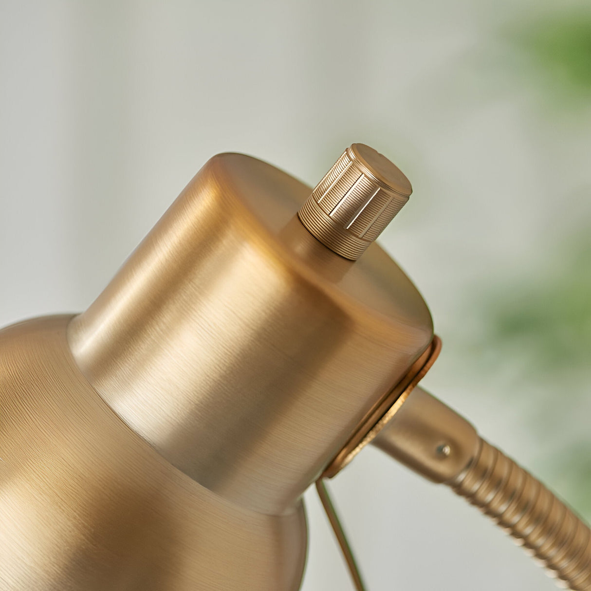 Close-up of the Endon Bevleigh floor lamp head in brushed brass, showing the rotary switch and flexible gooseneck arm detail.