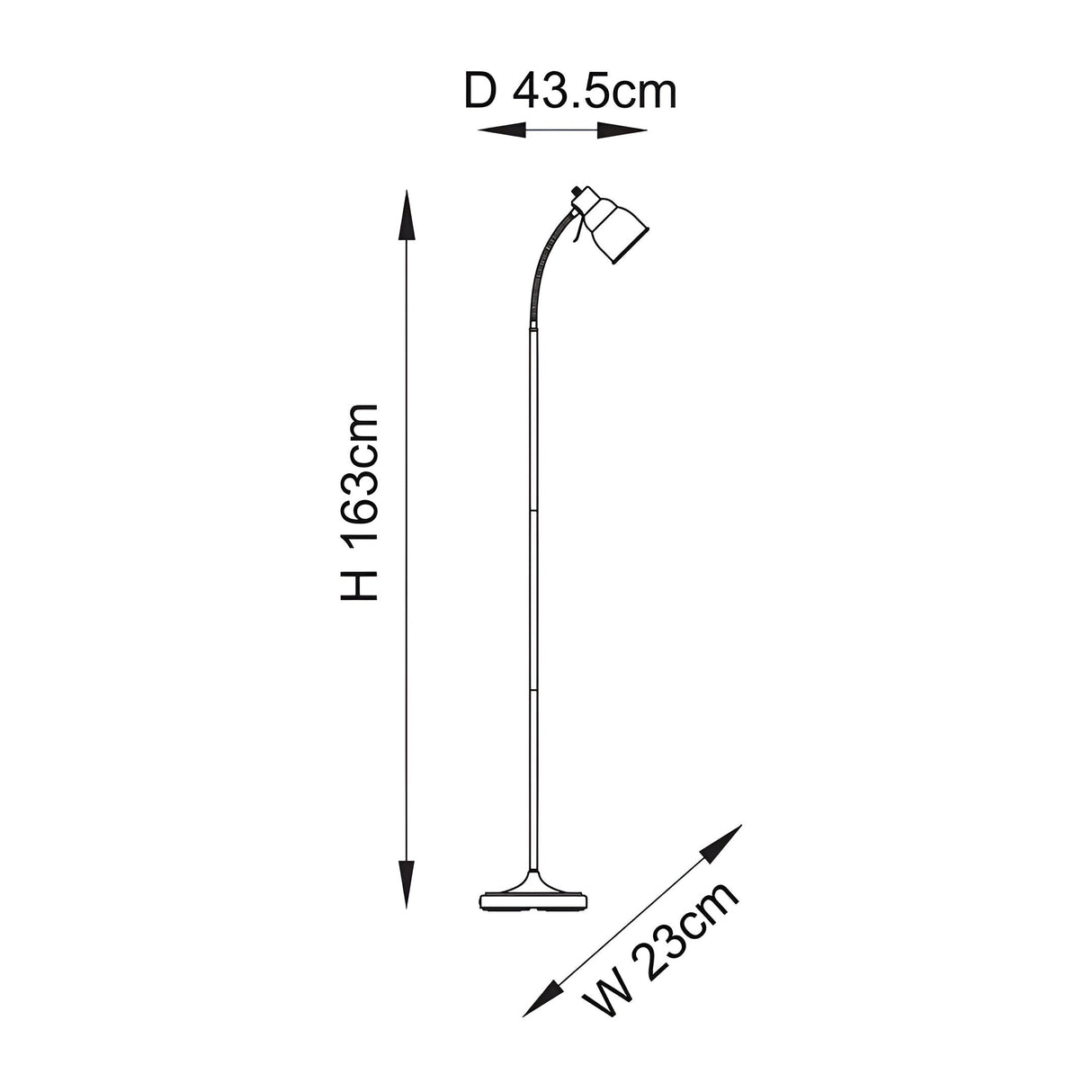 Dimension diagram of the Endon Bevleigh floor lamp showing 163cm height, 23cm width, and 43.5cm depth with flexible arm and single head.