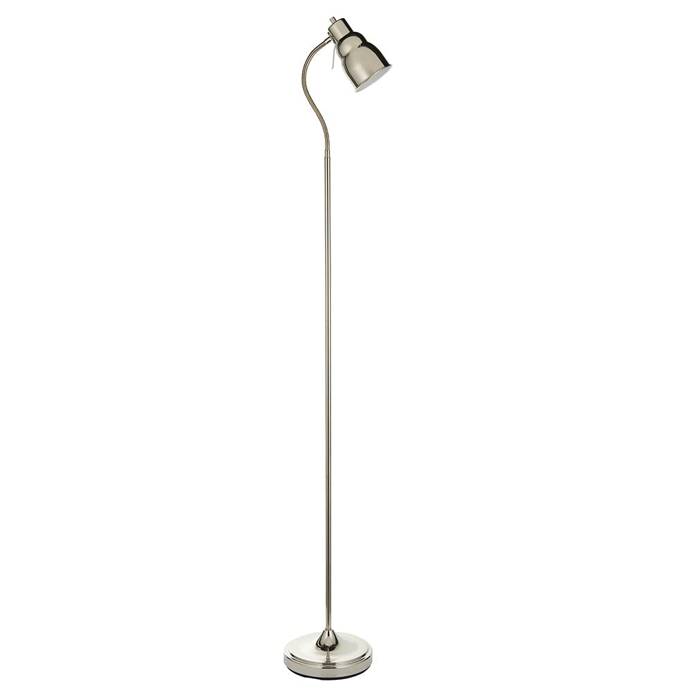 Endon Bevleigh floor lamp in nickel with a flexible gooseneck arm, single GU10 head, slim stem and round base, shown on a plain white background.