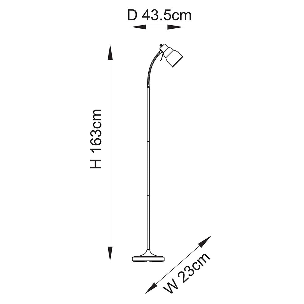 Dimension diagram of the Endon Bevleigh floor lamp in nickel, showing height 163cm, width 23cm, and depth 43.5cm on a plain background.