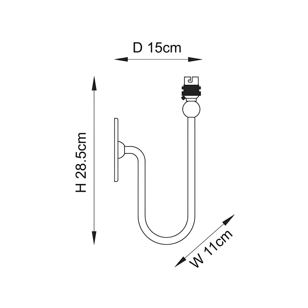 Dimensional line drawing of the Endon Cliffleigh brushed aged brass wall light showing height 28.5cm, width 11cm and projection 15cm.