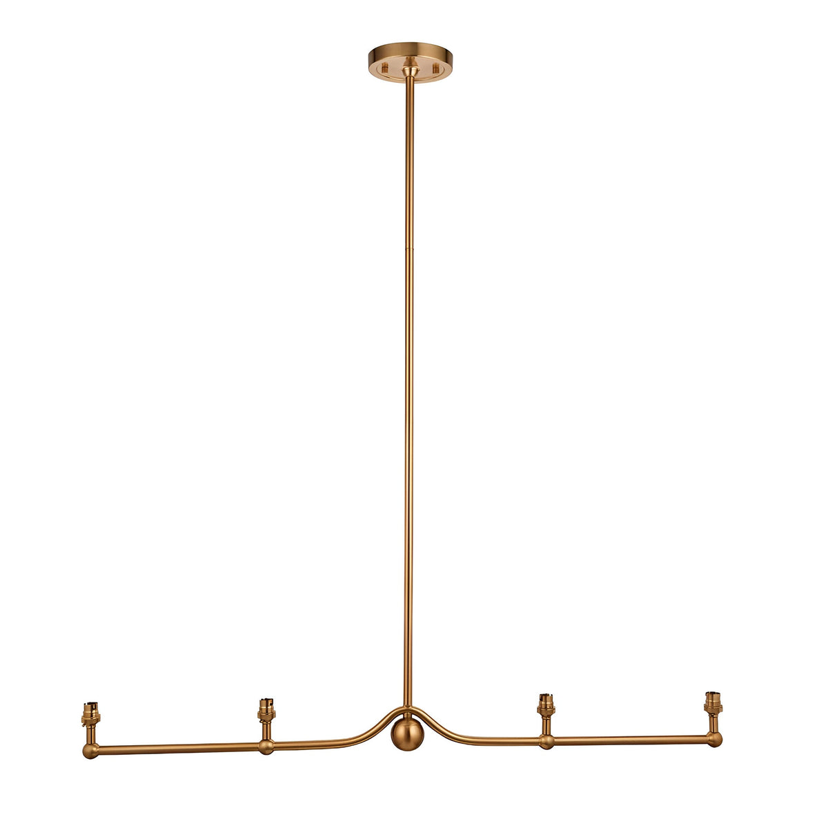 Endon Cliffleigh 4 light linear pendant in brushed aged brass, with a long central stem, horizontal bar, sphere detail and four B22 lamp holders.