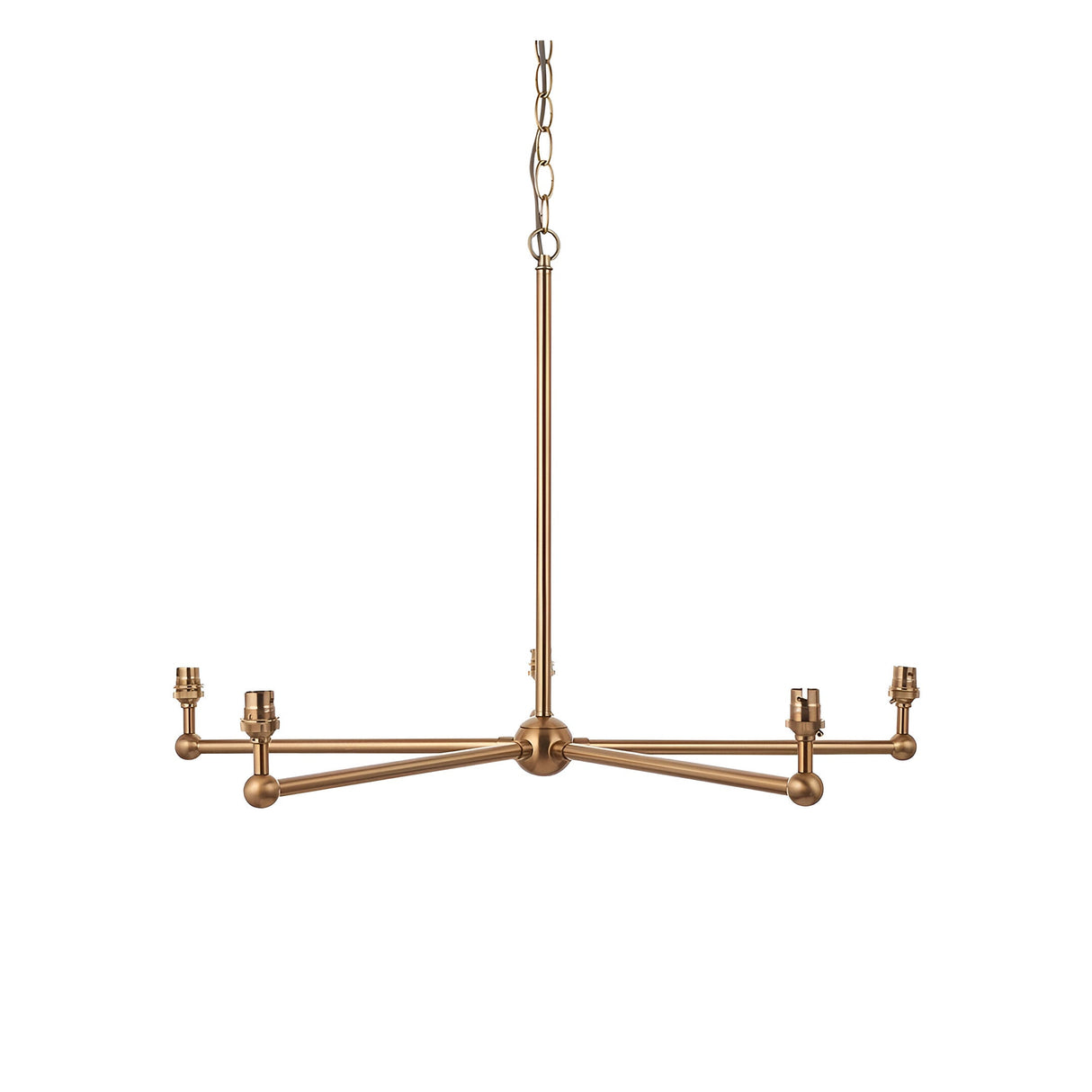 Cliffleigh 5 light pendant with brushed aged brass frame and B22 lamp holders on splayed arms, height-adjustable chain, no shades, plain white background.