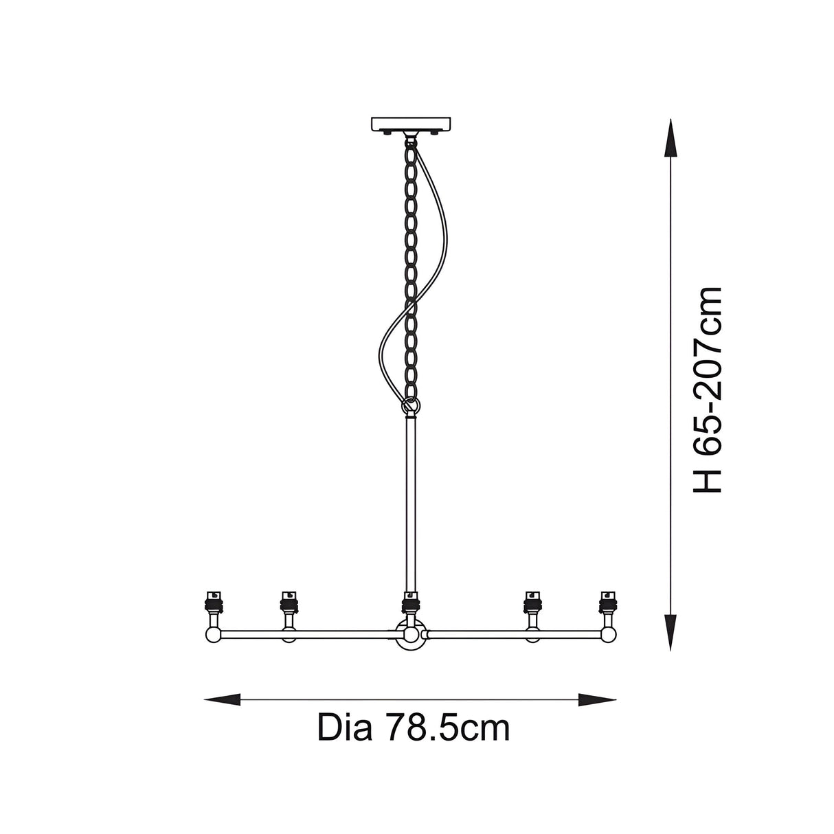 Technical line drawing of the Cliffleigh 5 light pendant in brushed brass with linear bar frame, five B22 holders, chain suspension, H65-207cm, Dia78.5cm.