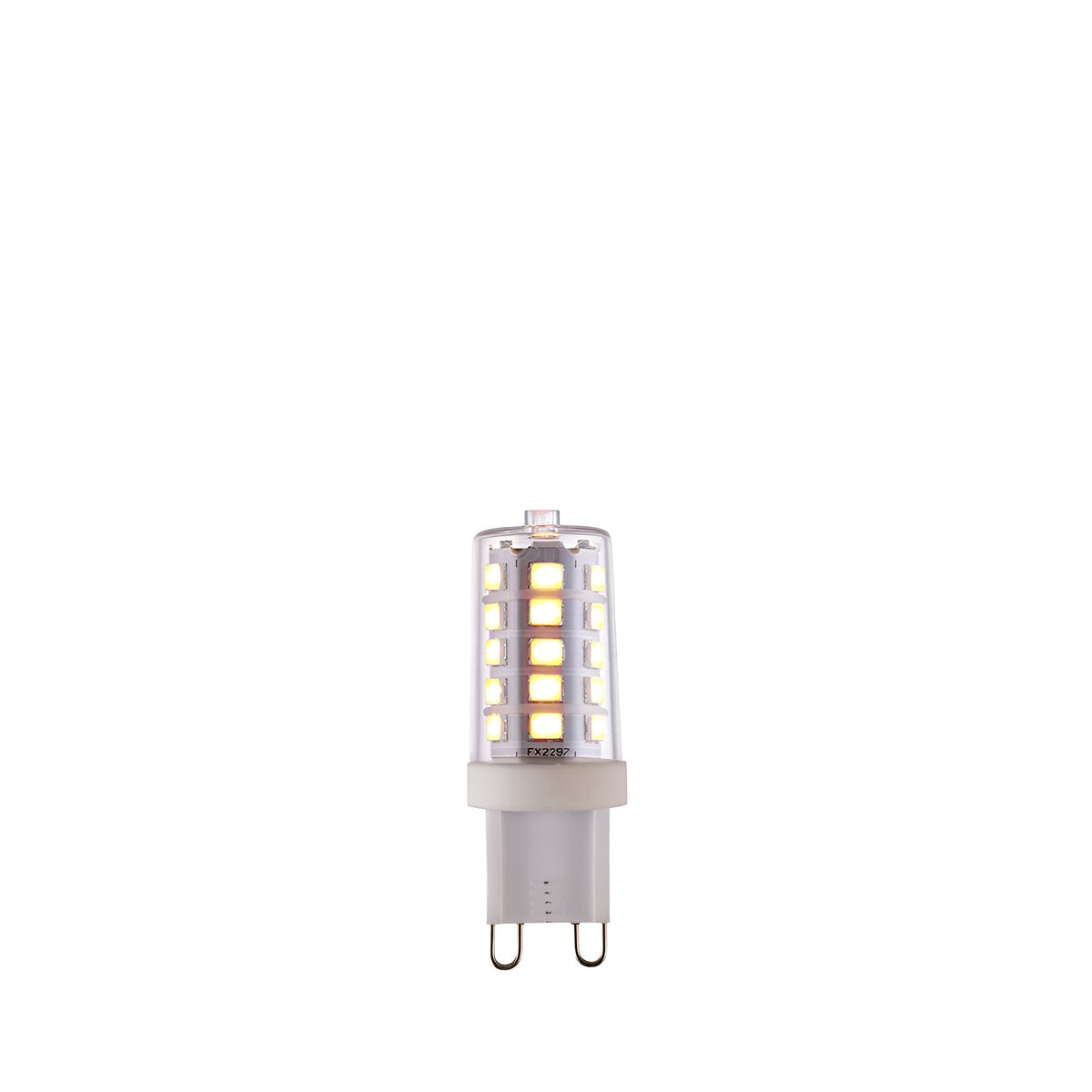 Endon 3.7W G9 LED capsule bulb illuminated in warm white, showing the compact clear casing with visible LED chips and two-pin cap on a white background.