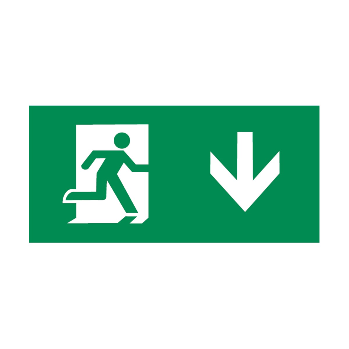 The Running Man With Down Facing Arrow sign from the EMRUN range showcases a white figure sprinting through a door on the left, accompanied by a downward-pointing arrow to signify the exit. Made from durable polycarbonate, it promises durability and is rated IP20 for indoor use.