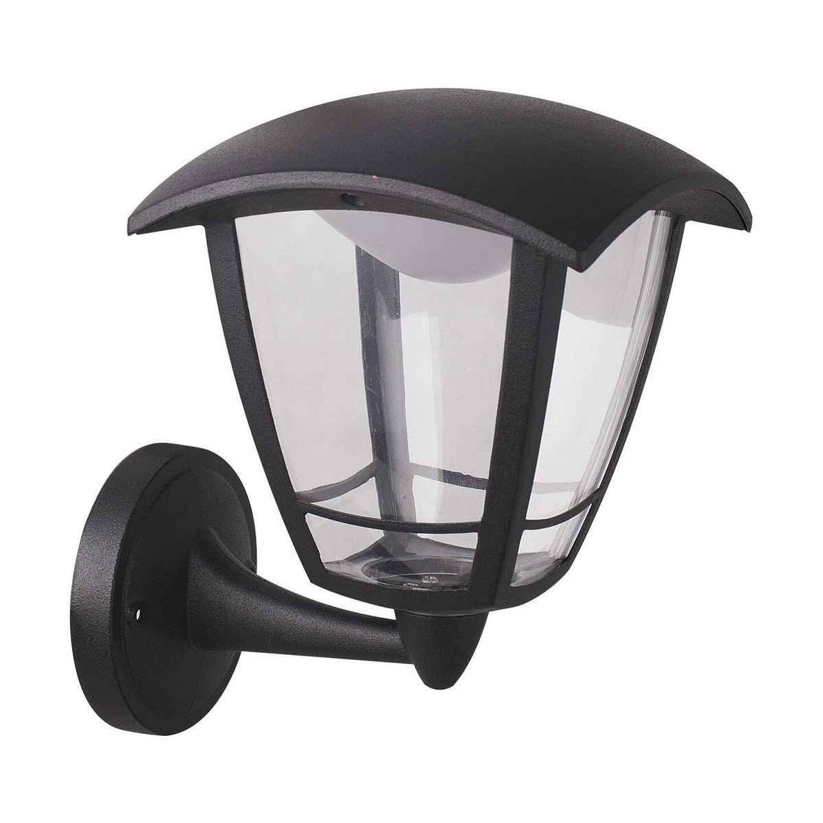 The Toro Outdoor CCT LED Up Coach Lantern in black features a corrosion-resistant design with a classic style, complete with a curved top and transparent panels. It includes a sturdy bracket for secure wall attachment, providing durability and simple functionality that suits exterior lighting needs with adjustable CCT options.