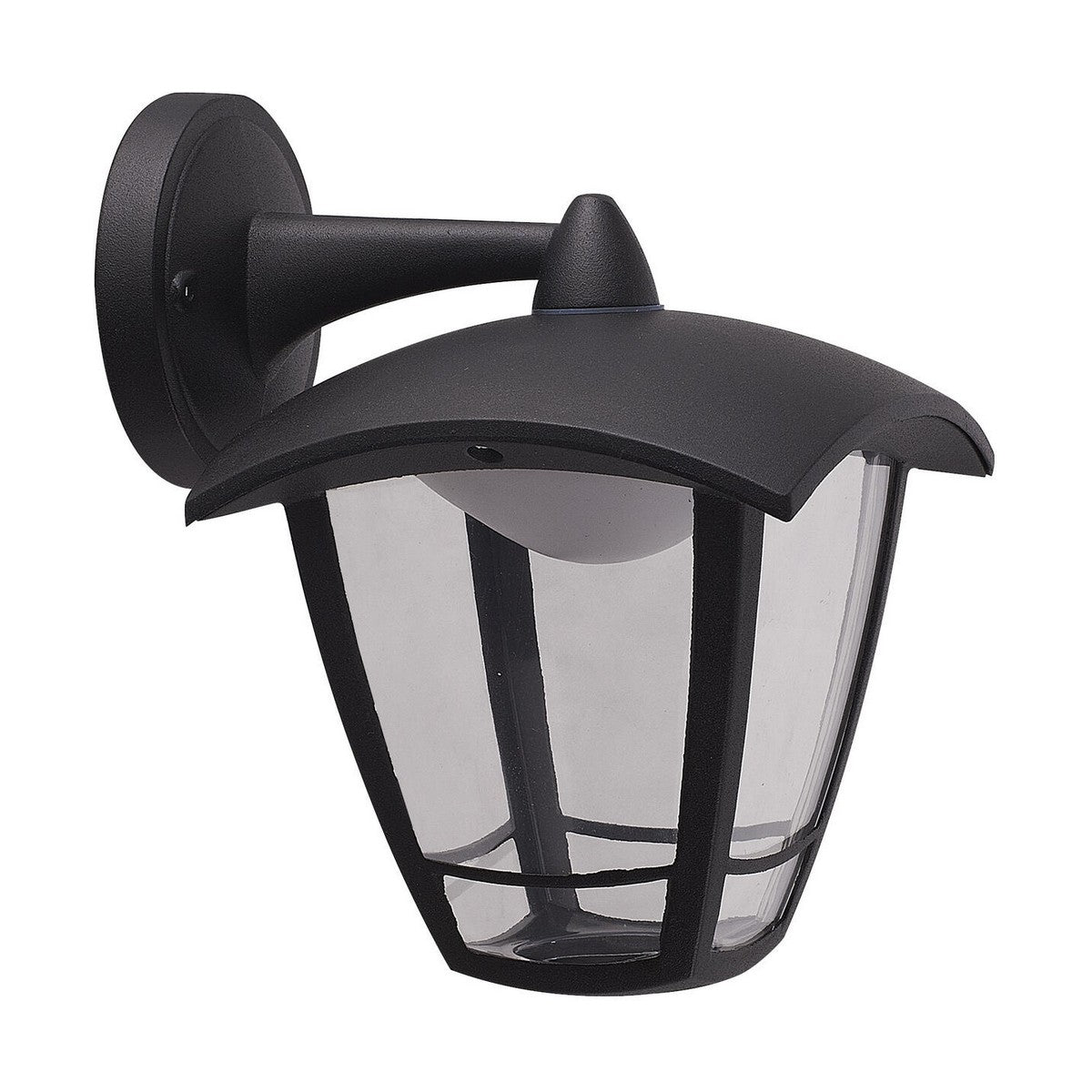 The Toro Outdoor CCT LED Down Coach Lantern - Black offers a blend of traditional design and durability, featuring a corrosion-resistant finish, clear glass panels, and a curved top roof for wall mounting.