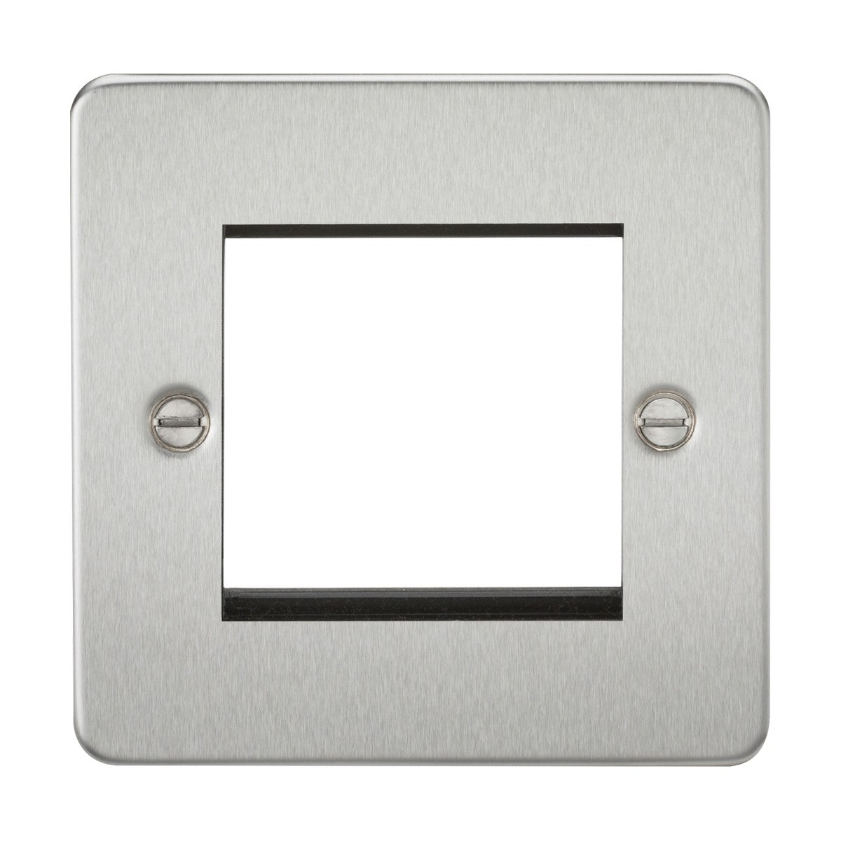 The 2 Gang Modular Faceplate - Brushed Chrome (Flat Plate) offers a square metallic design with a centrally located rectangular opening, ideal for accommodating a euro module. It includes two screws positioned on either side to guarantee stability and features a sleek, low-profile brushed chrome finish.