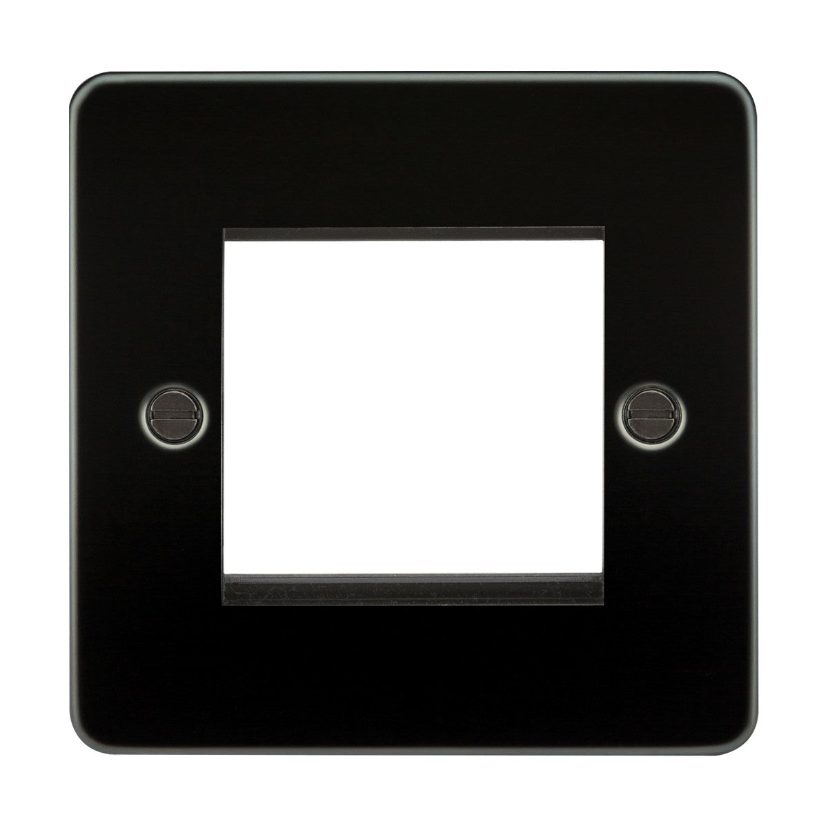 The 2 Gang Modular Faceplate in Gunmetal, made from premium-grade steel, features a central rectangular cutout for a switch or outlet and has two visible screw holes on each side, offering both durability and sleek aesthetics.