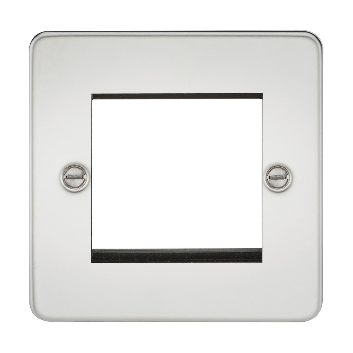 The 2 Gang Modular Faceplate - Polished Chrome (Flat Plate) is a square metallic frame designed for wall switches or outlets, featuring a central cutout and crafted in polished chrome. It includes two screws on each side for mounting and showcases a smooth, reflective flat plate design.