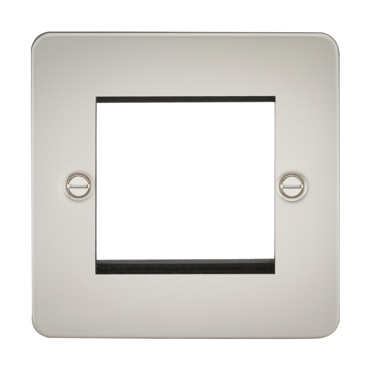 The 2 Gang Modular Faceplate - Pearl (Flat Plate) is a square metallic faceplate with a central rectangular opening and two visible screws for mounting.