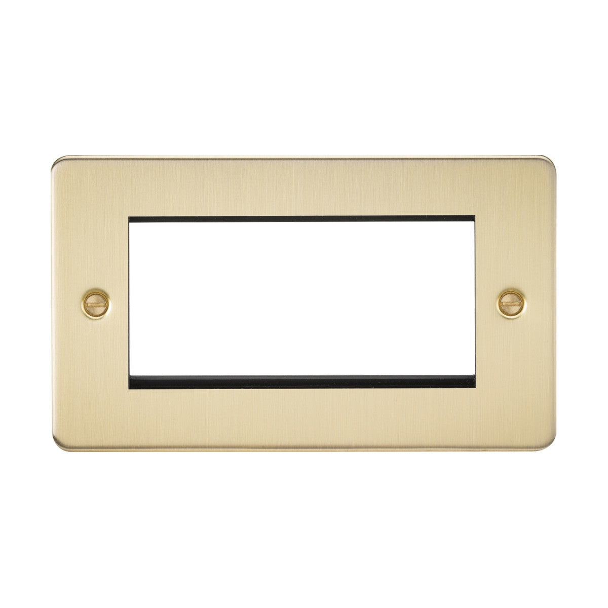 The 4 Gang Modular Faceplate in brushed brass is a rectangular outlet cover with a smooth finish and a flat plate low-profile design. It features a large central opening and two visible screw holes for mounting, making it ideal for TV/DATA/HDMI/USB installations. The background is plain white.