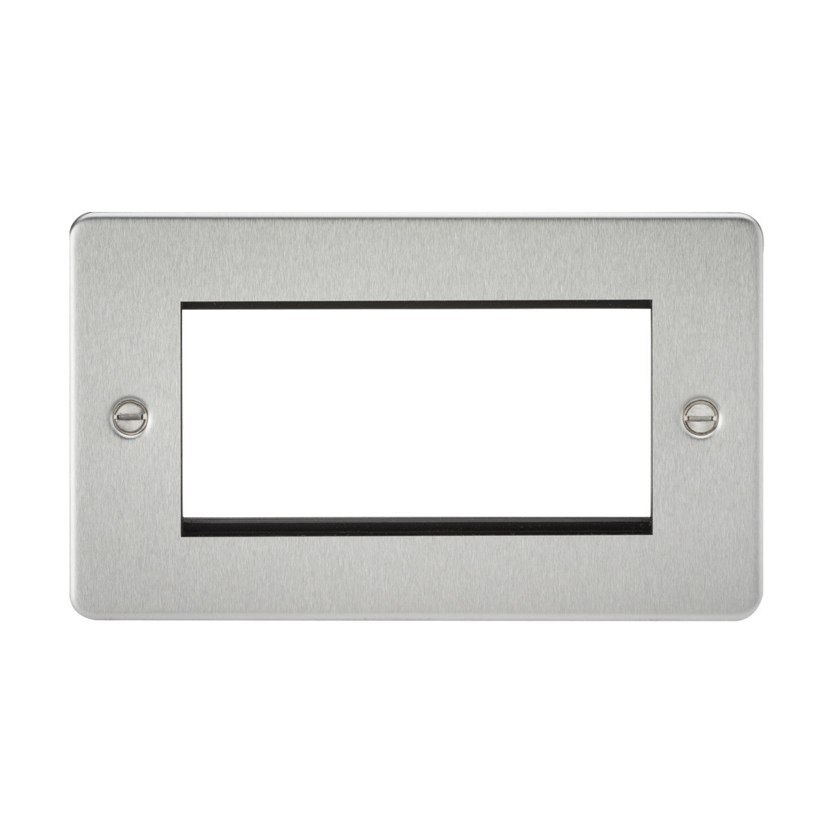 Introducing the 4 Gang Modular Faceplate - Brushed Chrome (Flat Plate), designed with a modern aesthetic. This sleek faceplate features a rectangular brushed chrome finish, a large central cutout, and two screw holes—one on each side—making it an ideal choice for contemporary settings.