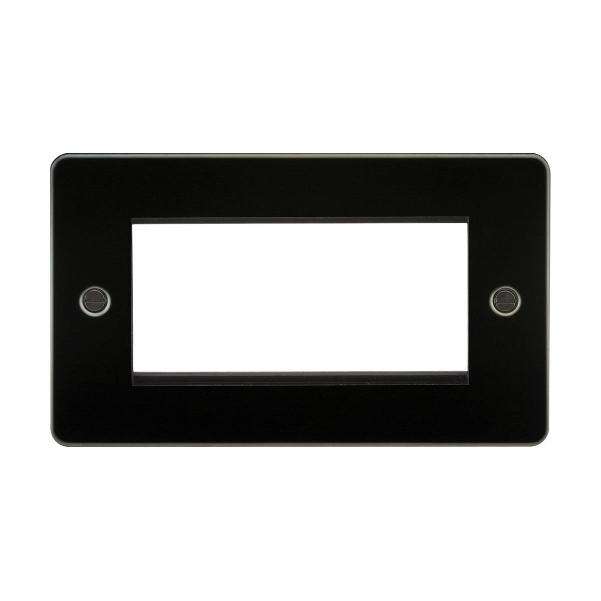The 4 Gang Modular Faceplate in gunmetal is designed with a rectangular shape and a low-profile. It includes two circular openings on both the left and right sides, while the center remains open for euro module customization, highlighting a smooth finish perfect for bespoke installations.