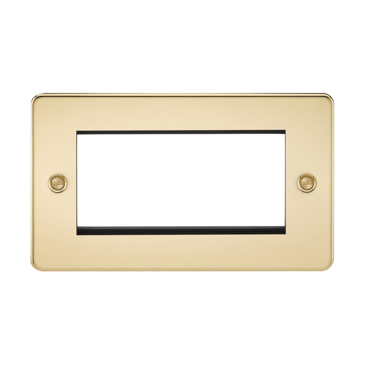 Polished brass flat plate faceplate with a low-profile design, featuring a single large central opening and two screw holes for mounting. Ideal for bespoke installations.