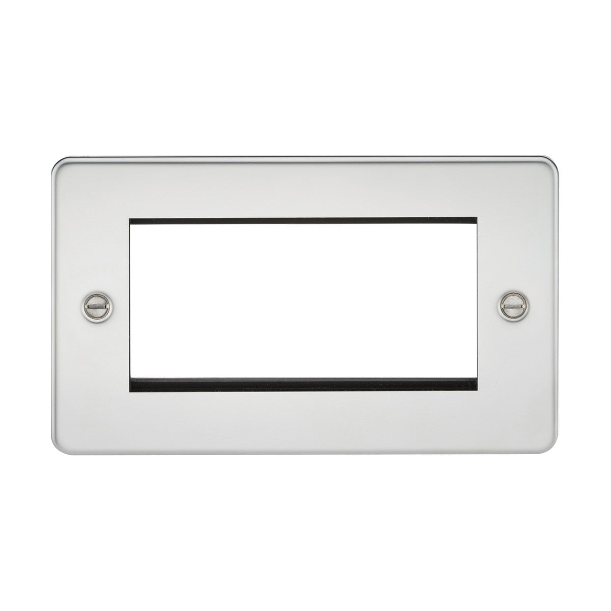 The 4 Gang Modular Faceplate - Polished Chrome (Flat Plate) is designed for a sleek appearance with its polished chrome finish. It features a central cutout and two screw holes on each side, making it perfect for seamless installation over electrical or data outlets that are compatible with euro modules.