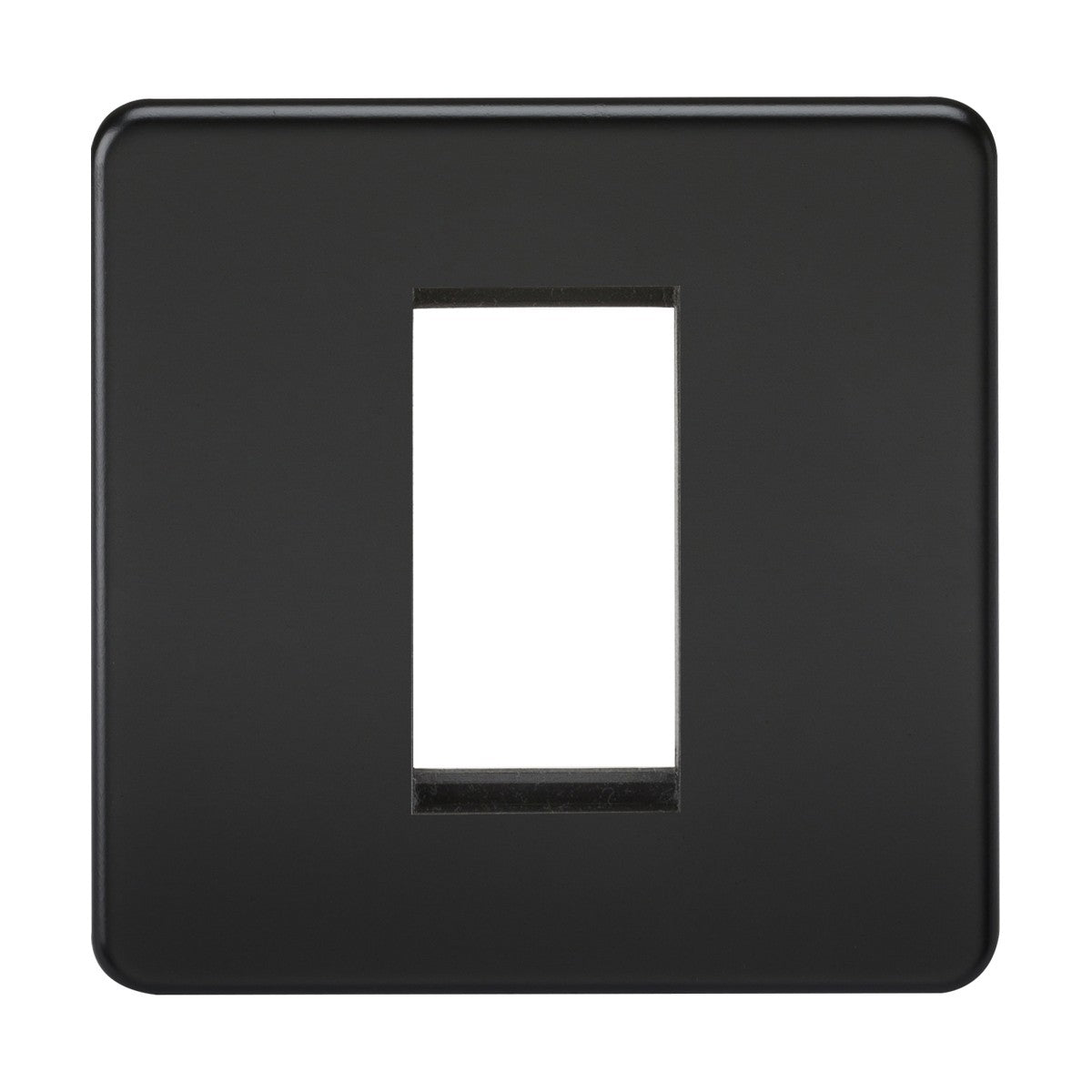 Introducing the 1 Gang Modular Faceplate in Matt Black, designed with a sleek screwless appearance. This rectangular cover features a central opening for a switch and boasts a smooth, matte surface for a modern look that complements euro module systems or TV installations perfectly.