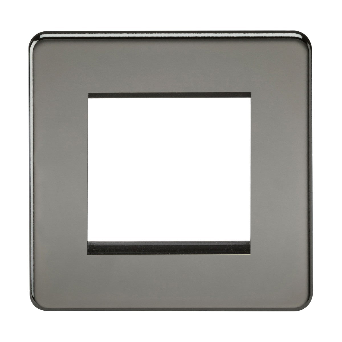 The 2 Gang Modular Faceplate - Black Nickel (Screwless) features a square, metallic design with a central cutout for switches or outlets. Its smooth edges and glossy finish in dark gray blend sleek elegance with modern functionality.