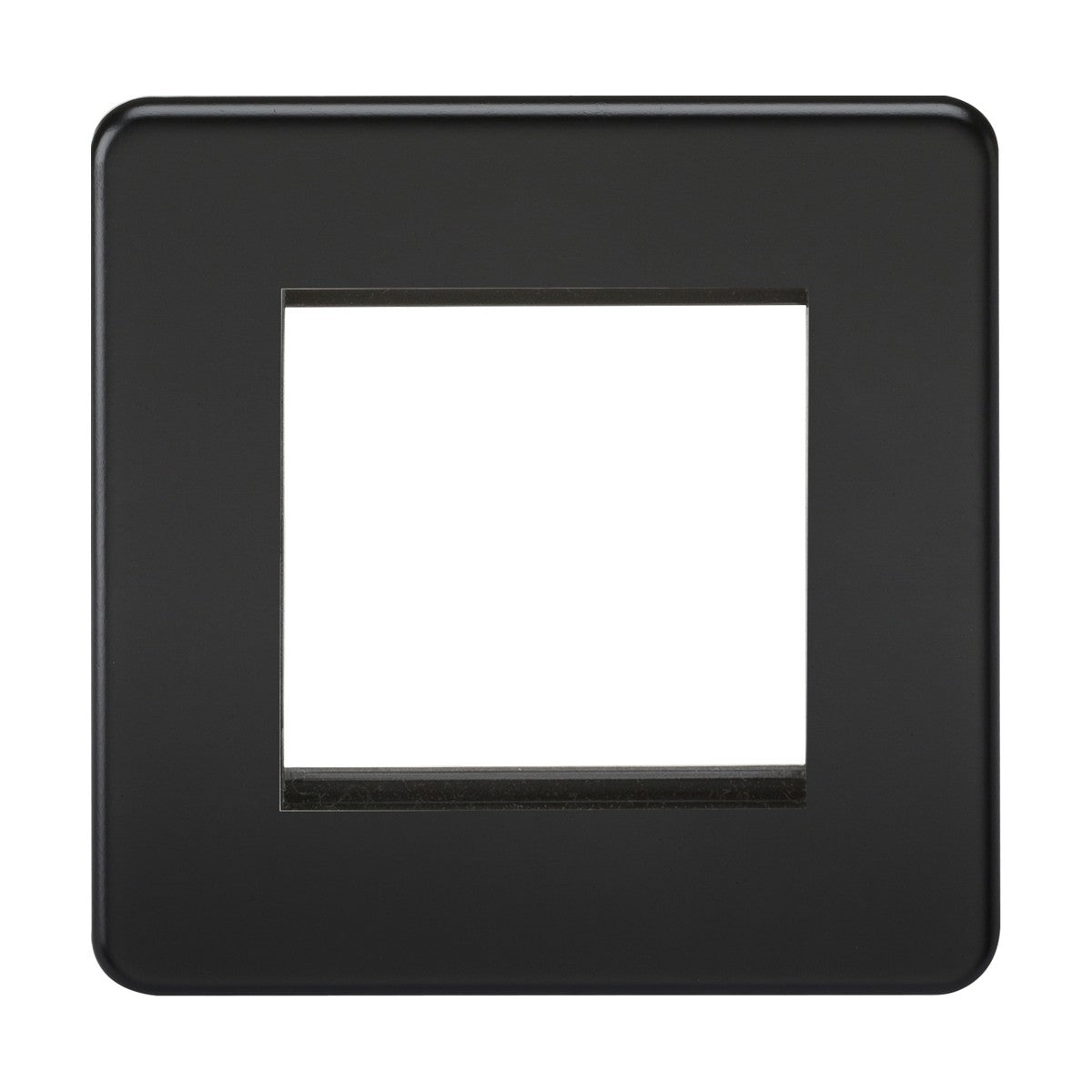The 2 Gang Modular Faceplate in Matt Black (Screwless) is a stylish frame with a central square opening, commonly used for euro module light switches or electrical outlets.