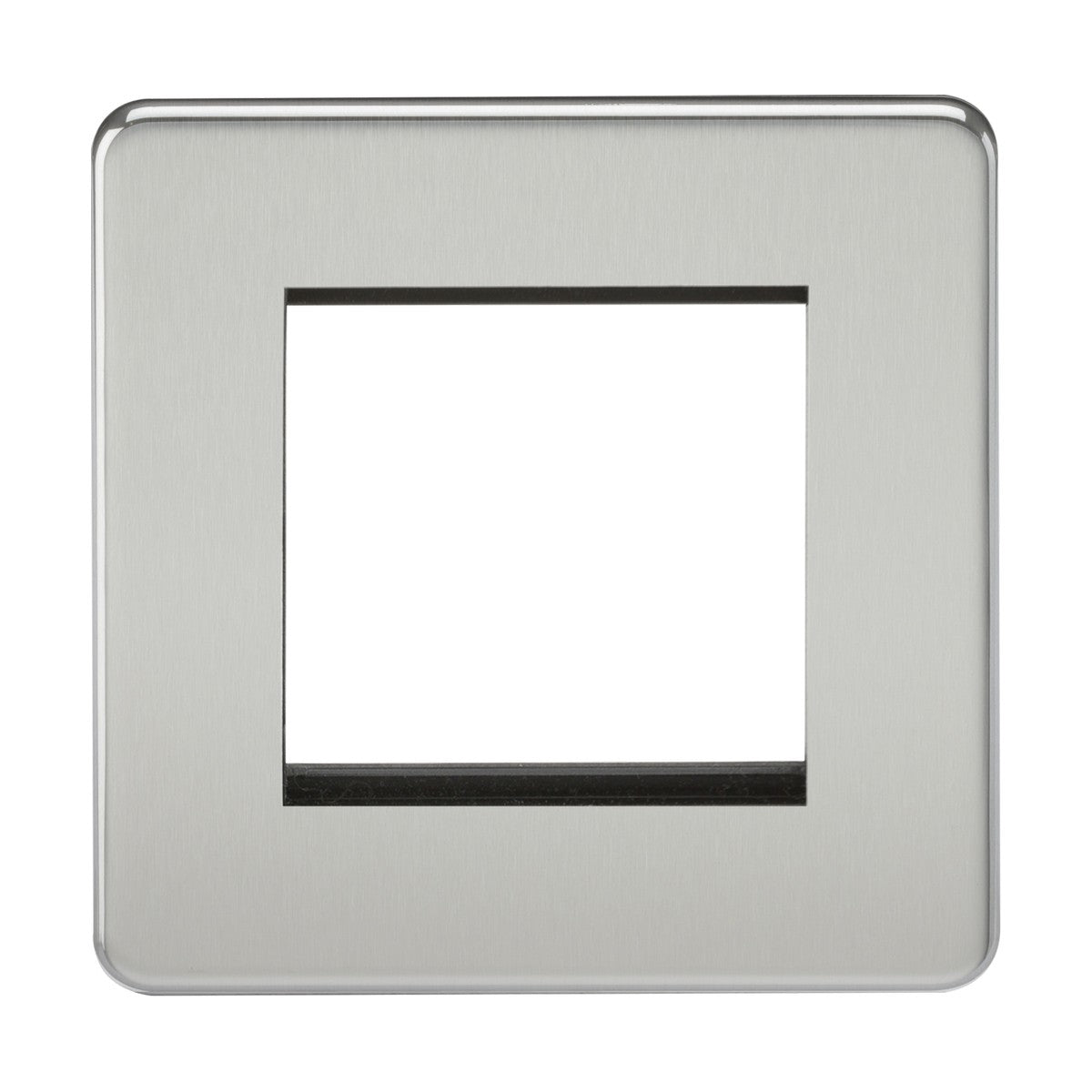 The 2 Gang Modular Faceplate - Polished Chrome (Screwless) features a central cut-out for installation over a wall switch or outlet, offering a modern and minimalist look with its screwless design and polished chrome finish, making it ideal for seamless integration into any space.
