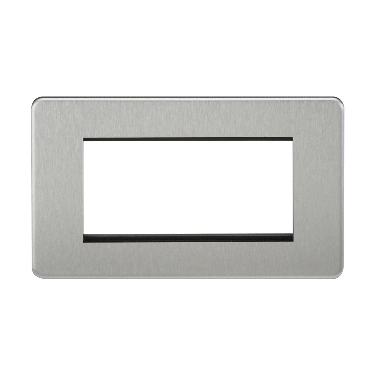 The 4 Gang Modular Faceplate - Brushed Chrome (Screwless) is a rectangular metallic cover plate with a central cutout for euro modules. Its screwless design and smooth, rounded edges provide a sleek finish.