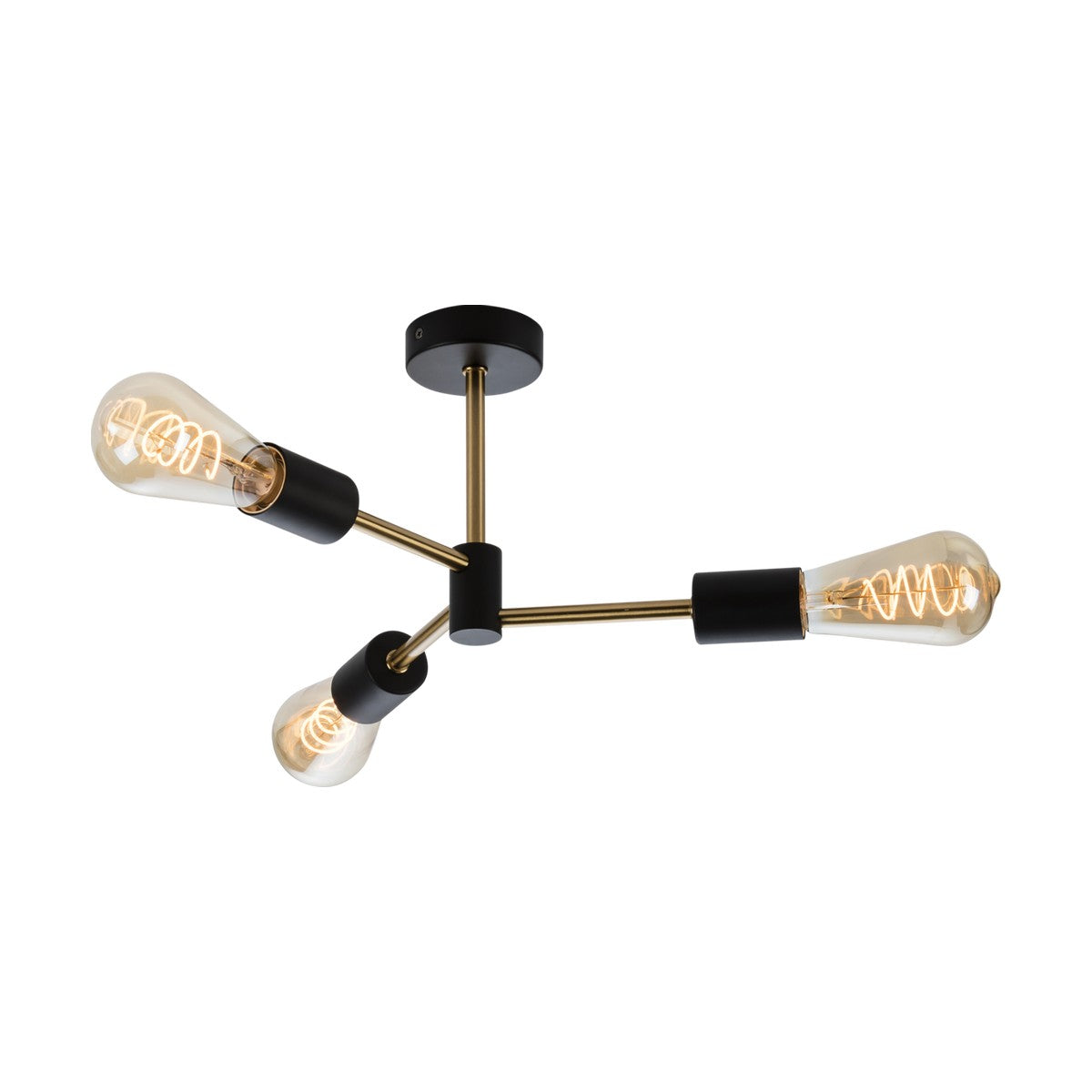 The SENA 3 Light Ceiling Light showcases a decorative pendant design with three exposed Edison bulbs gracefully positioned on matte black and brushed gold arms that extend from a central black cylindrical mount. Each bulb reveals visible filaments, creating a warm and inviting glow.