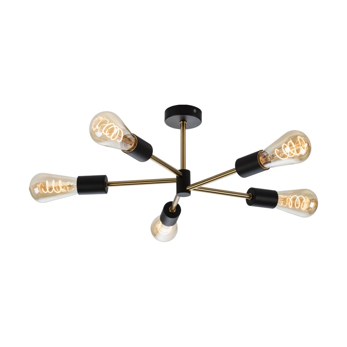 The SENA 5 Light Ceiling Light features a contemporary design with smooth matt black and brushed gold finish metal arms, each showcasing an exposed Edison bulb extending from a central hub. The warm glow highlights its modern style, making it ideal for wall and ceiling pendants.