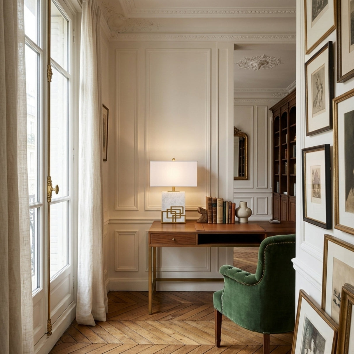Elegant home office with a wooden desk, books, green velvet chair, and the Veridan 1 Light Framed Marble Table Lamp in brass & white. A large window with sheer curtains, parquet wood floors, and framed art on cream-paneled walls offer a stylish vibe.