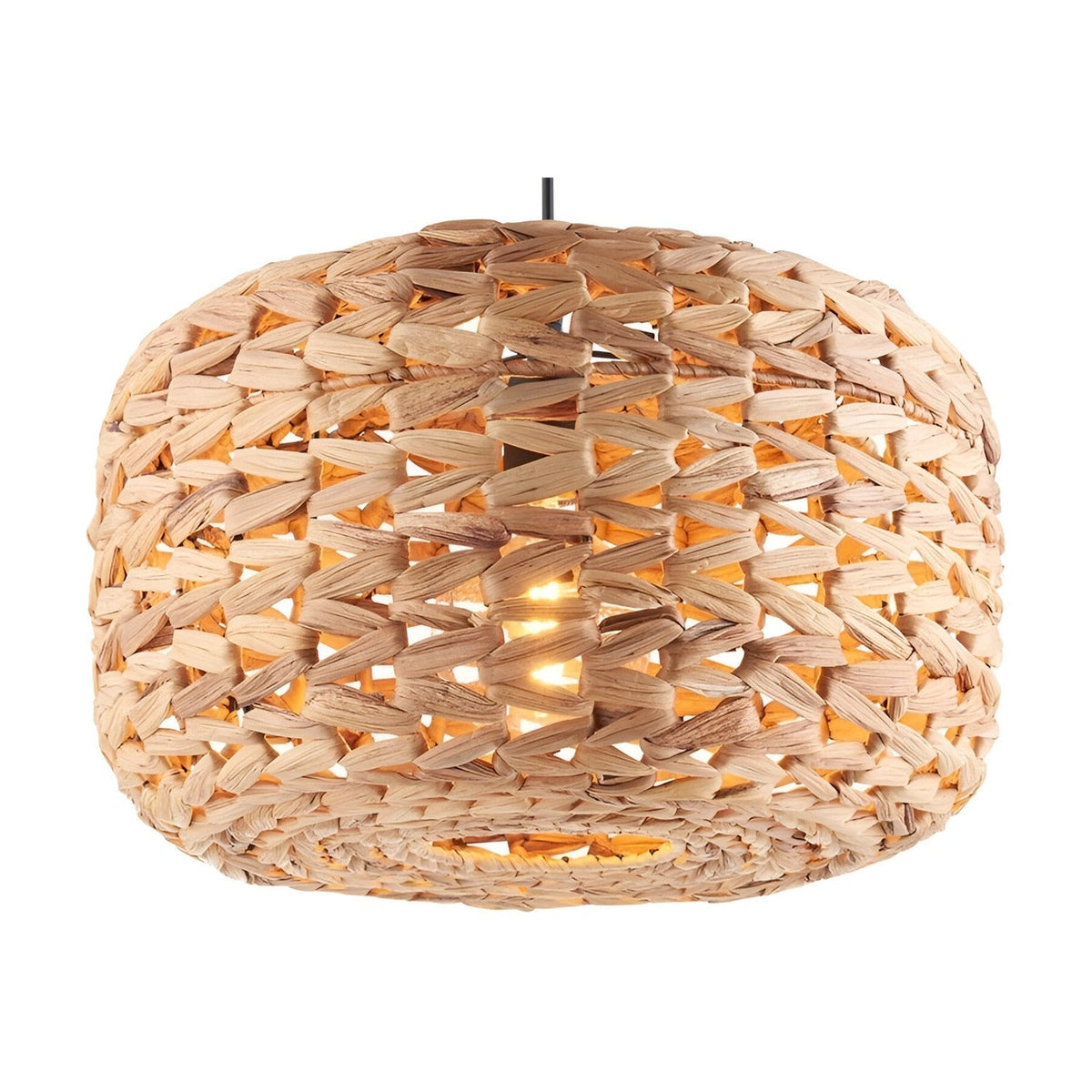 Endon Cranley pendant shade in natural handwoven rattan with a soft rounded drum shape and open weave, shown lit on a plain white background.