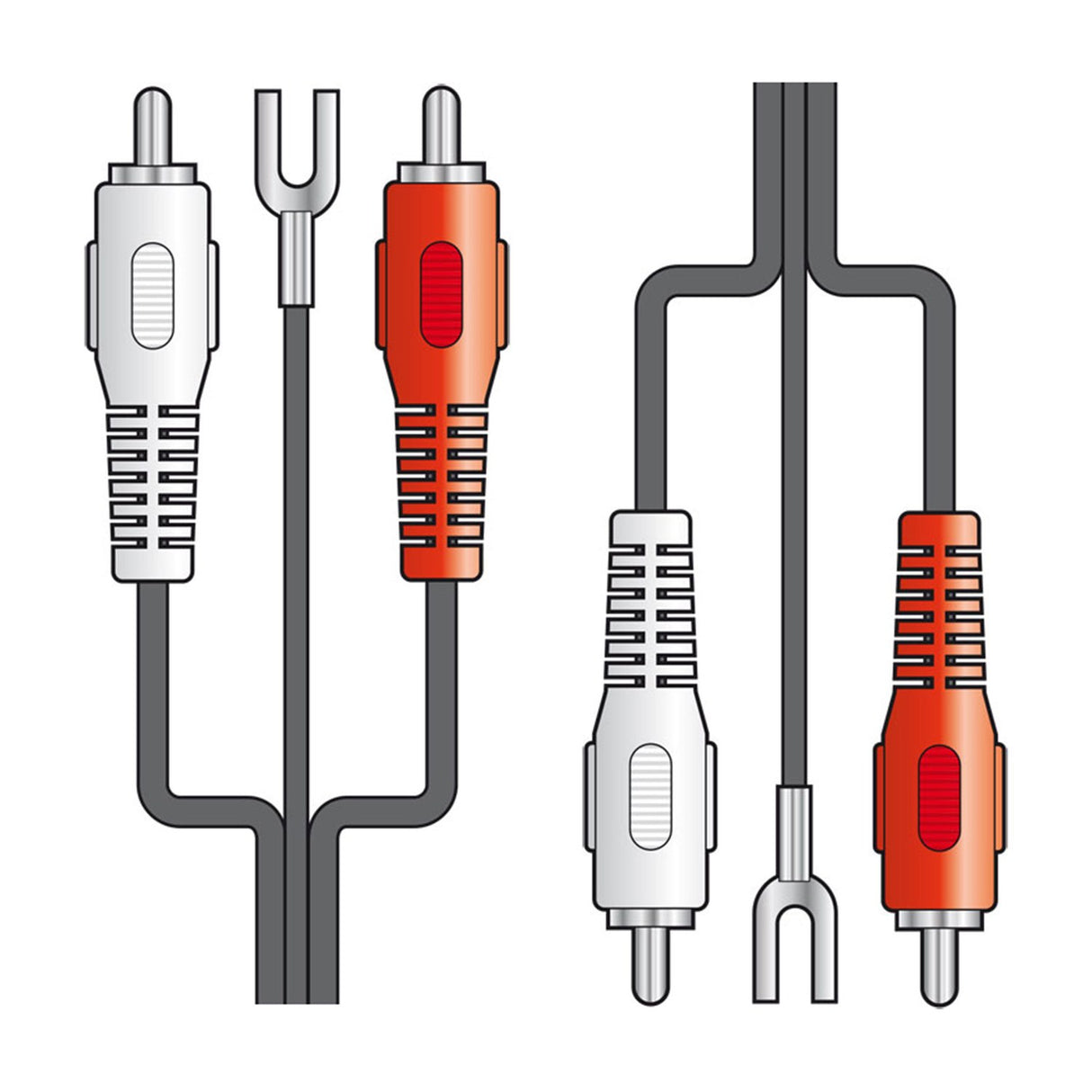 AV:Link twin RCA phono cable 1.2m with white and red plugs at each end and a separate ground wire fork terminal, shown on a white background.