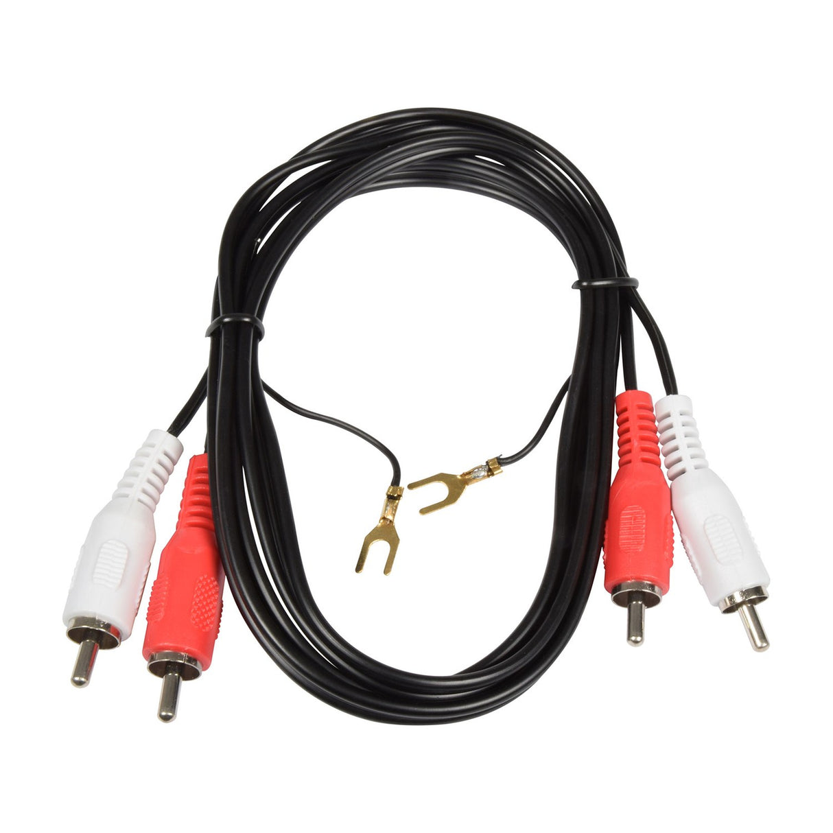 AV:Link twin RCA phono cable, 1.2m, coiled black lead with red and white RCA plugs at each end and gold spade ground wire terminals, on white.