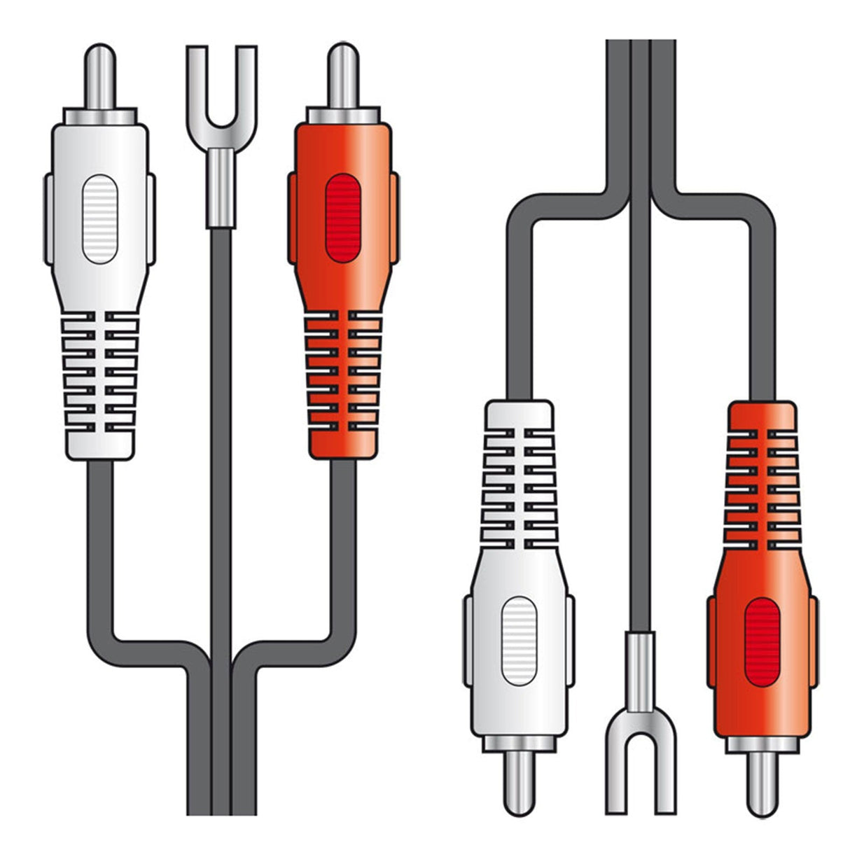 Illustration of the AV:Link 2 x RCA Plugs To 2 x RCA Plugs With Ground Wire - 1.2m audio equipment, featuring two sets of RCA connectors. Each set comes with a red and a white plug, ideal for use with turntables or amplifiers. The plugs are connected by wires, showcasing details such as grip texture and stripes.