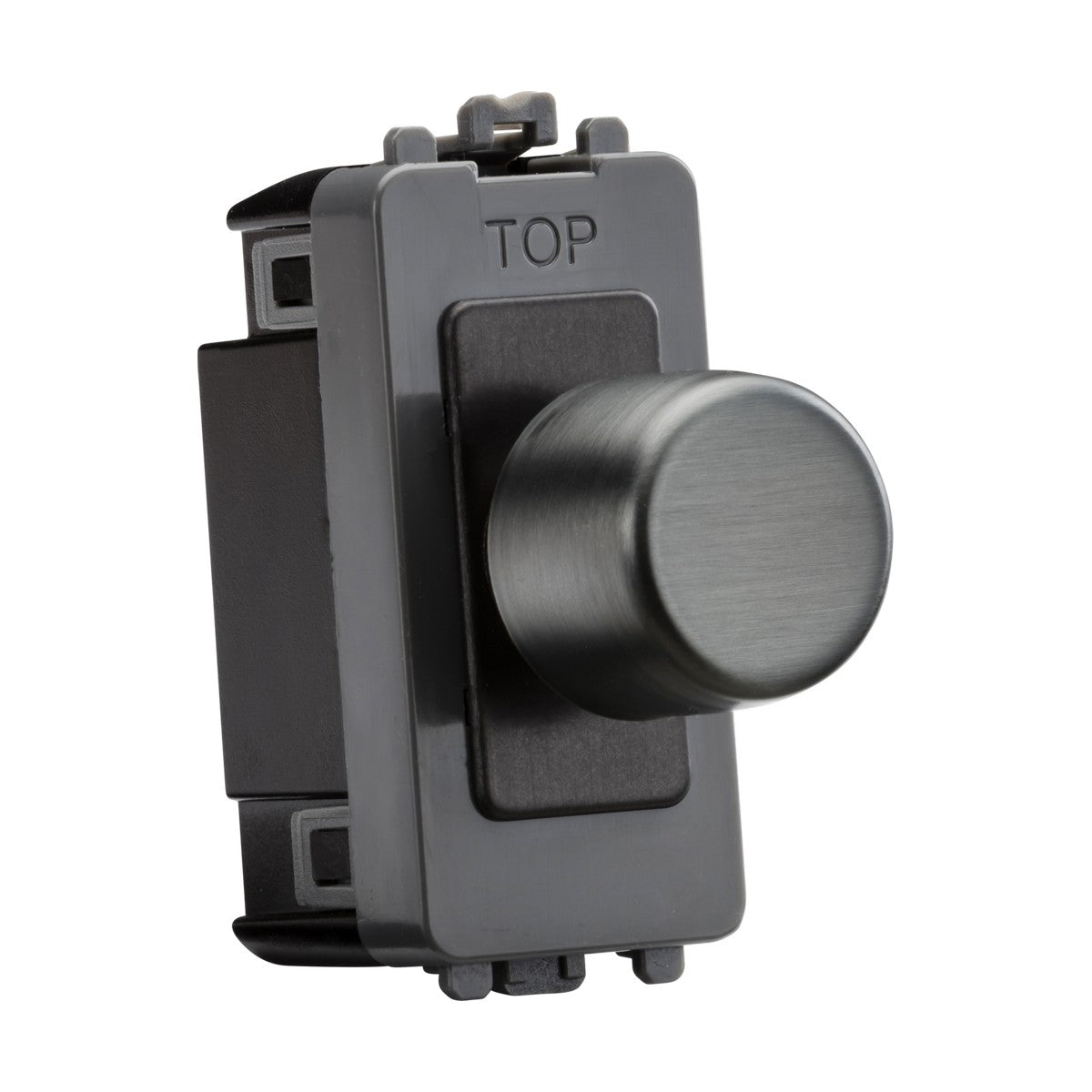 Introducing the 2-Way 10-150W (5-150W LED) Intelligent Dimmer in Smoked Bronze, a stylish rotary action dimmer switch with a smooth, metallic knob. "TOP" is labeled on the upper side for easy wall mounting. It's perfect for use with an LED dimmable lamp or integrating into the Knightsbridge grid wiring system in its rectangular configuration.